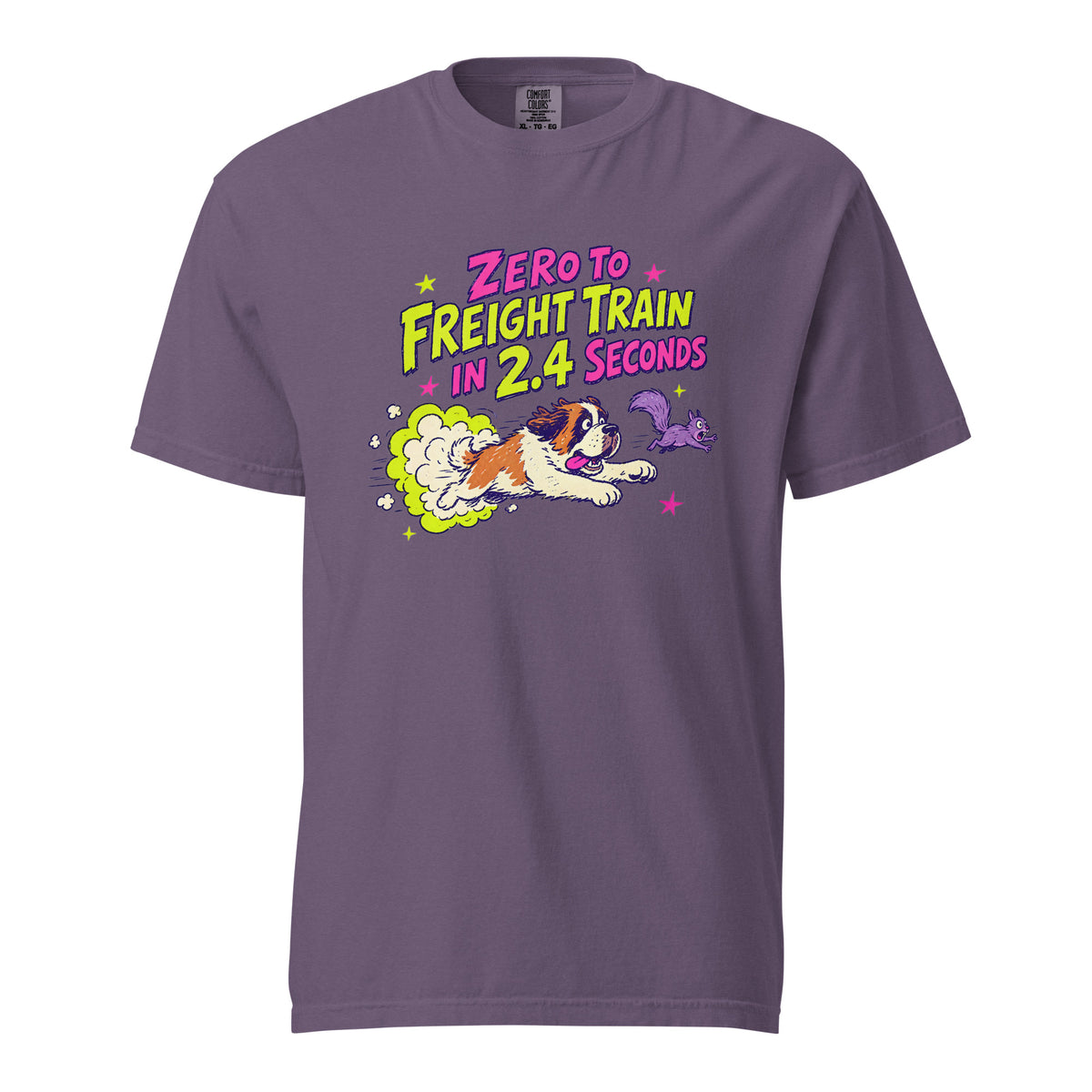 Grape purple Comfort Colors t-shirt with a bright retro cartoon Saint Bernard chasing a squirrel and Zero to Freight Train in 2.4 Seconds lettering.
