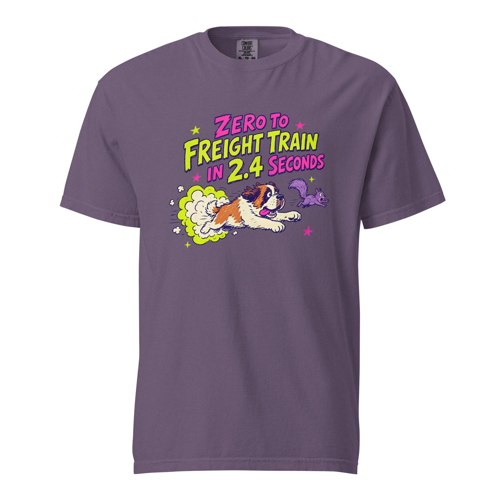 Grape purple Comfort Colors t-shirt with a bright retro cartoon Saint Bernard chasing a squirrel and Zero to Freight Train in 2.4 Seconds lettering.