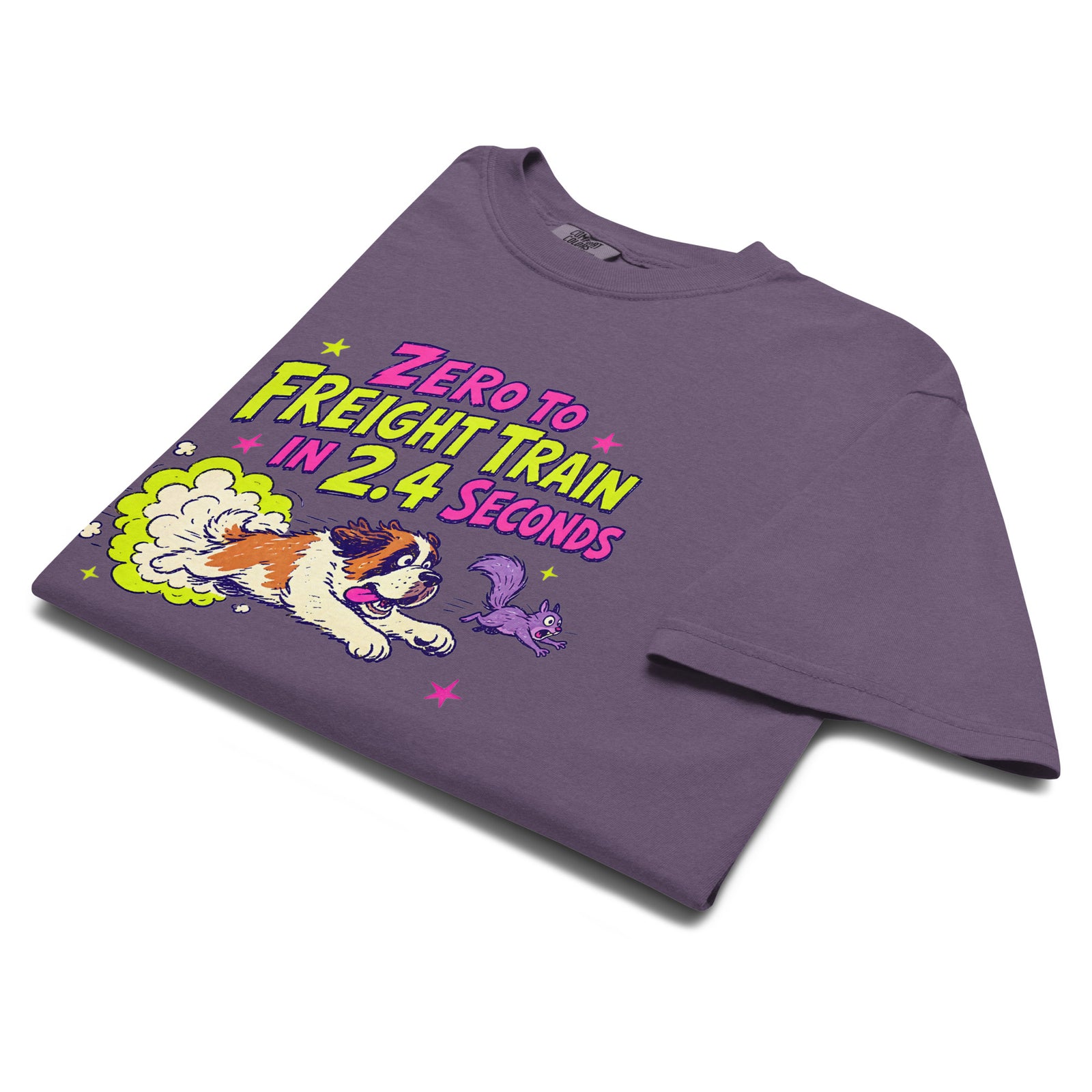 Grape purple Comfort Colors t-shirt with a bright retro cartoon Saint Bernard chasing a squirrel and Zero to Freight Train in 2.4 Seconds lettering.