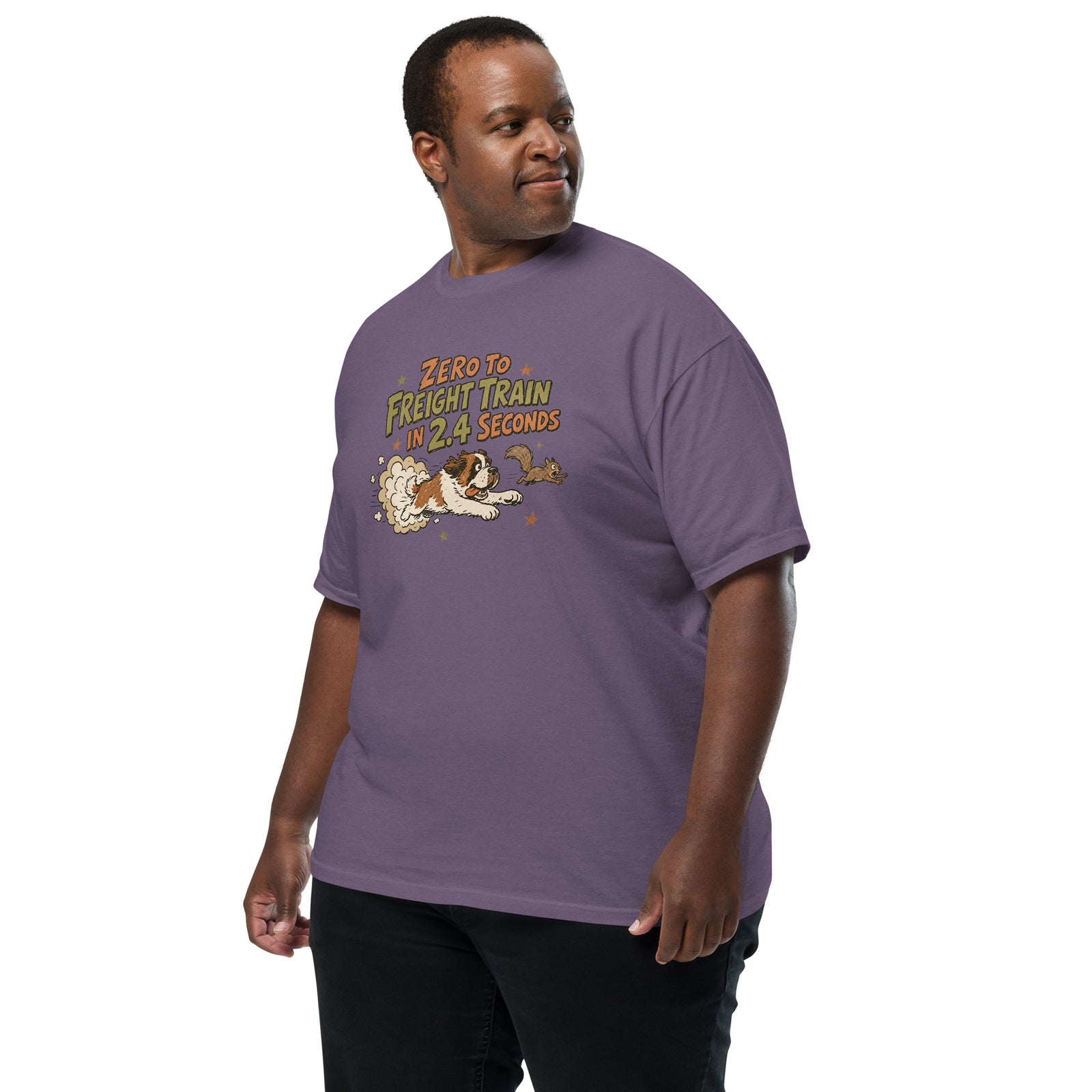 Grape purple Comfort Colors t-shirt with a retro earth tone cartoon of a funny Saint Bernard chasing a squirrel and Zero to Freight Train in 2.4 Seconds lettering.