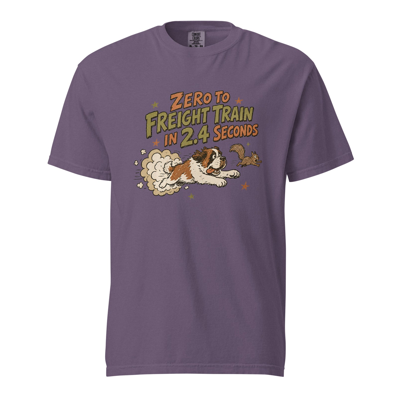 Grape purple Comfort Colors t-shirt with a retro earth tone cartoon of a funny Saint Bernard chasing a squirrel and Zero to Freight Train in 2.4 Seconds lettering.