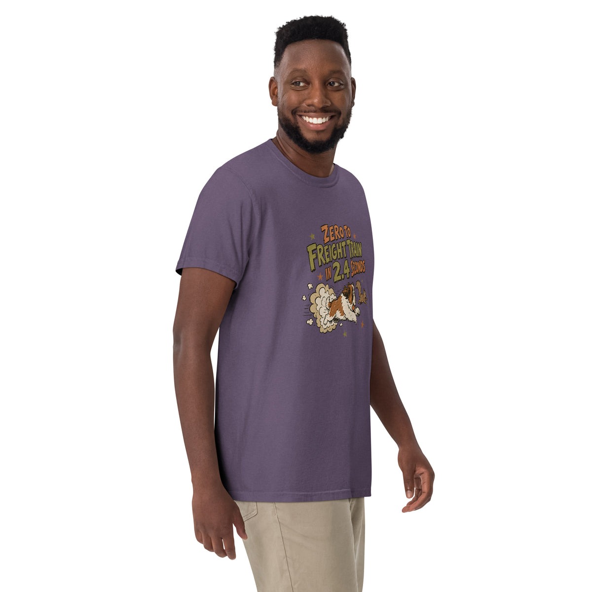 Grape purple Comfort Colors t-shirt with a retro earth tone cartoon of a funny Saint Bernard chasing a squirrel and Zero to Freight Train in 2.4 Seconds lettering.