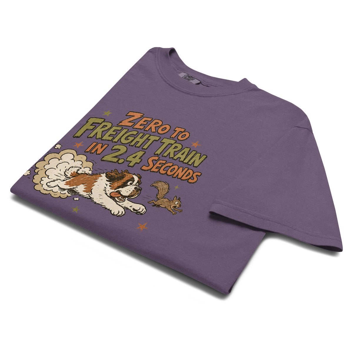 Grape purple Comfort Colors t-shirt with a retro earth tone cartoon of a funny Saint Bernard chasing a squirrel and Zero to Freight Train in 2.4 Seconds lettering.