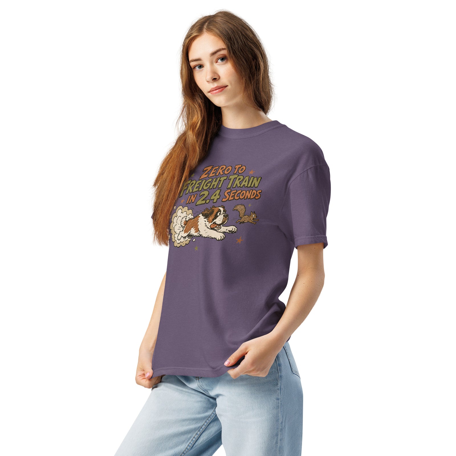 Grape purple Comfort Colors t-shirt with a retro earth tone cartoon of a funny Saint Bernard chasing a squirrel and Zero to Freight Train in 2.4 Seconds lettering.