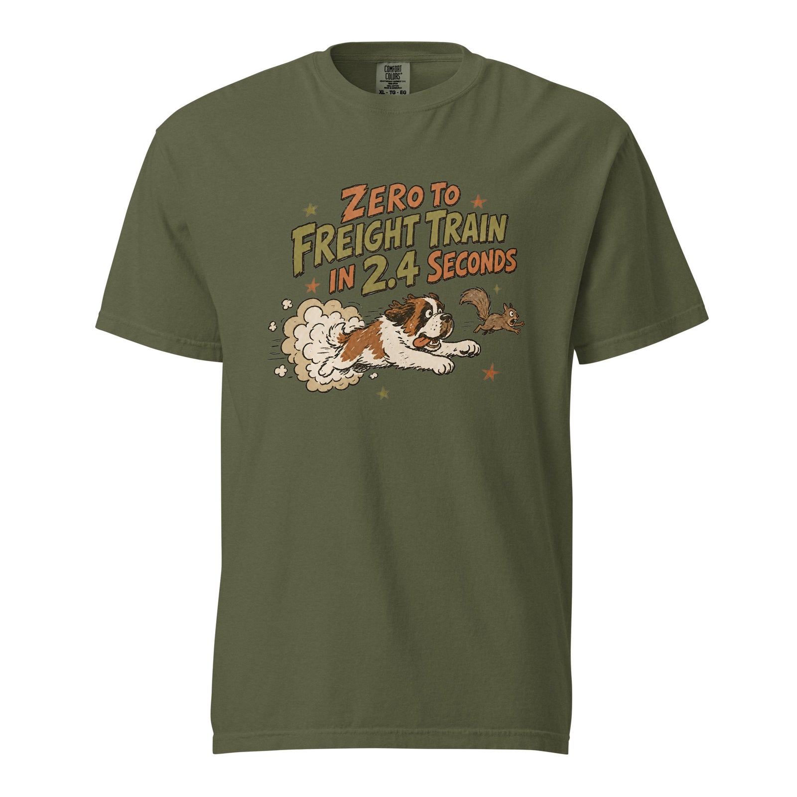 Hemp green Comfort Colors t-shirt with a retro earth tone cartoon of a funny Saint Bernard chasing a squirrel and Zero to Freight Train in 2.4 Seconds lettering.