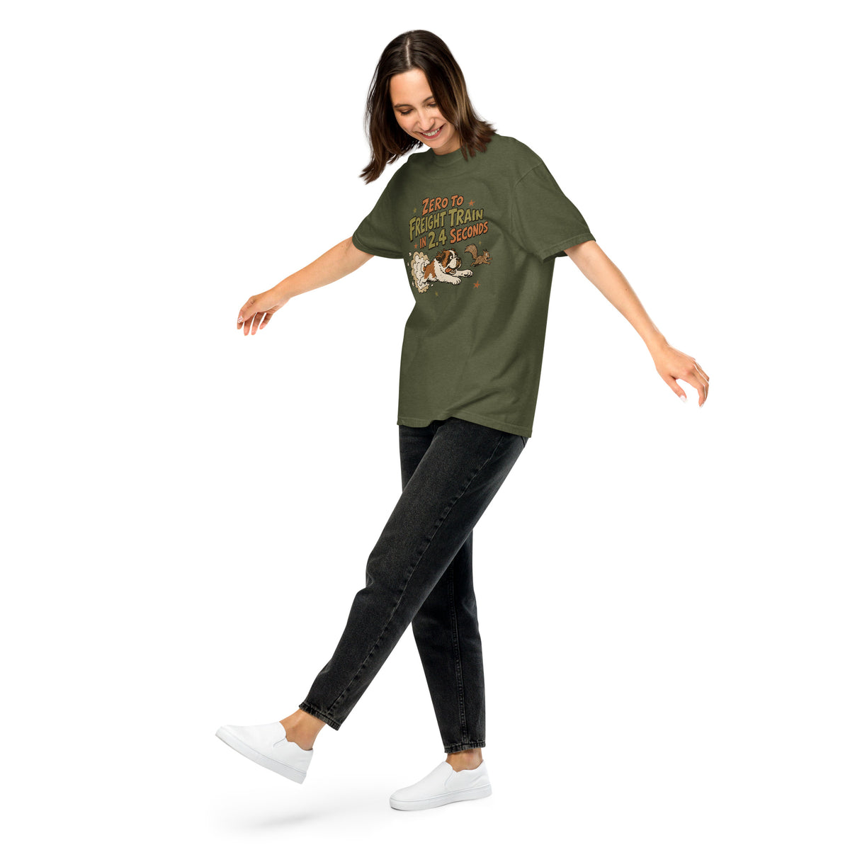 Hemp green Comfort Colors t-shirt with a retro earth tone cartoon of a funny Saint Bernard chasing a squirrel and Zero to Freight Train in 2.4 Seconds lettering.