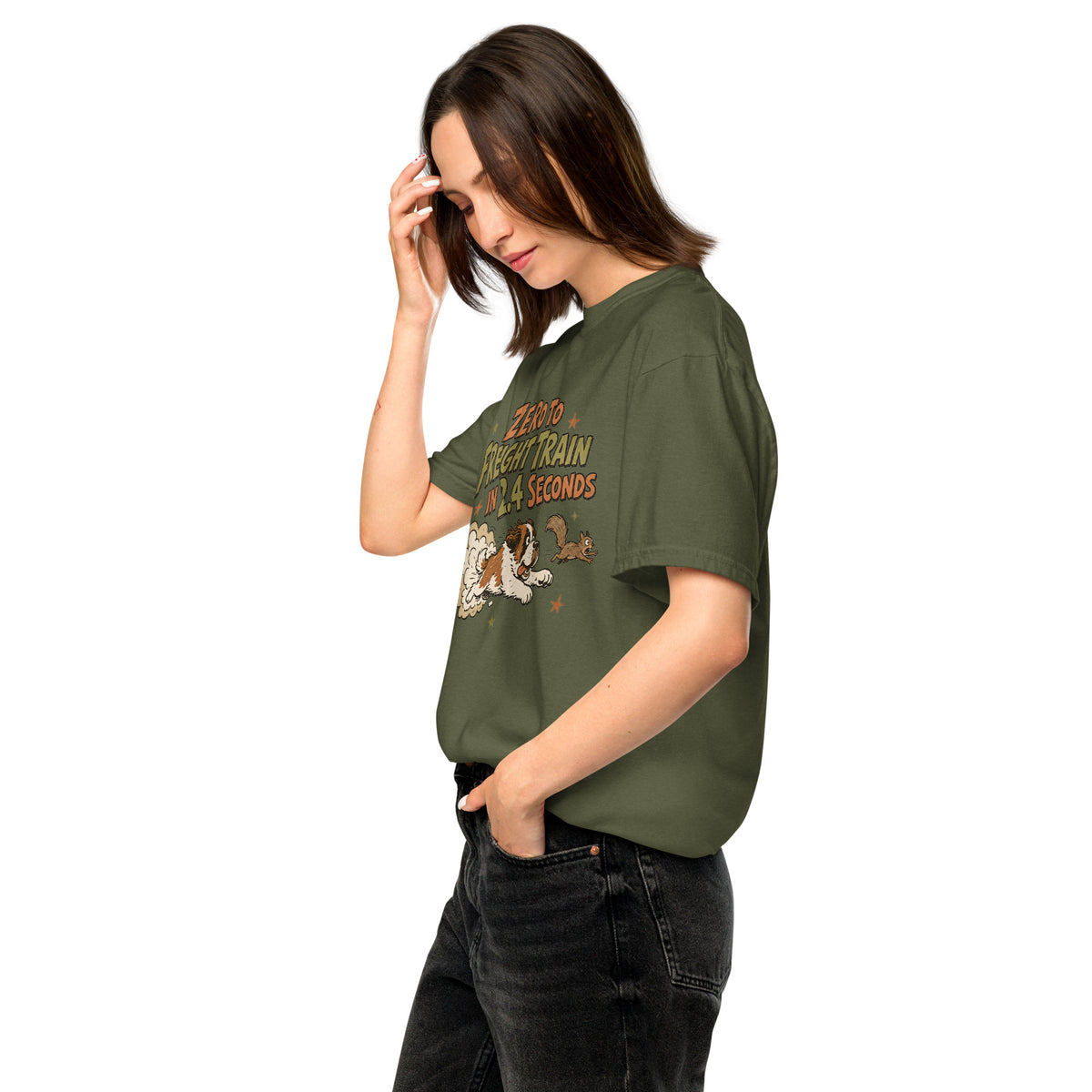 Hemp green Comfort Colors t-shirt with a retro earth tone cartoon of a funny Saint Bernard chasing a squirrel and Zero to Freight Train in 2.4 Seconds lettering.