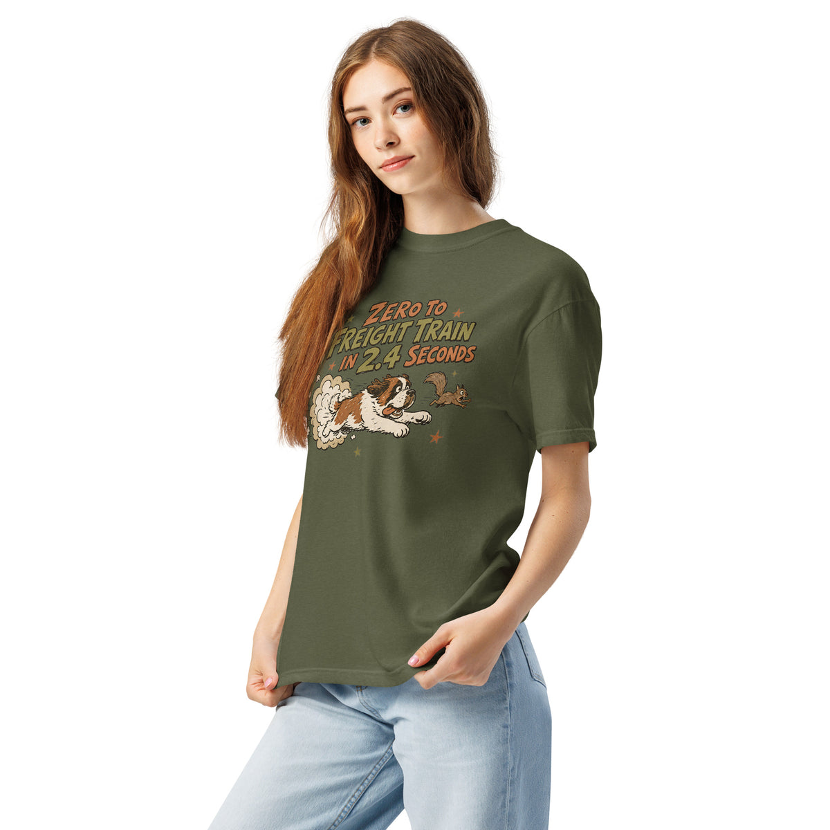 Hemp green Comfort Colors t-shirt with a retro earth tone cartoon of a funny Saint Bernard chasing a squirrel and Zero to Freight Train in 2.4 Seconds lettering.