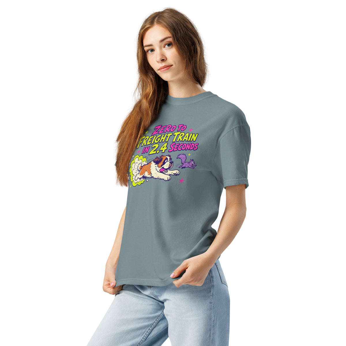 Ice Blue Comfort Colors t-shirt with a bright retro cartoon Saint Bernard chasing a squirrel and Zero to Freight Train in 2.4 Seconds lettering.