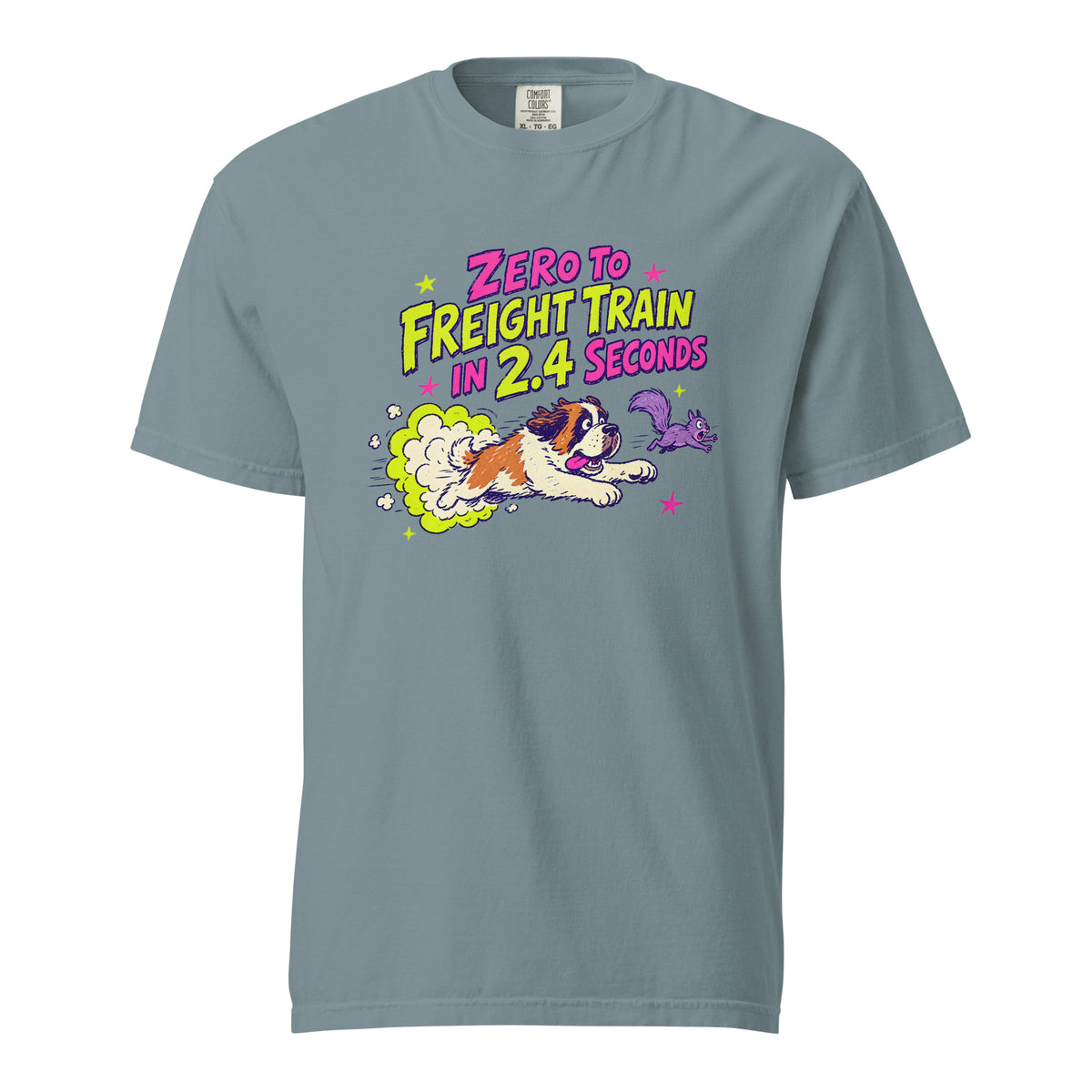 Ice Blue Comfort Colors t-shirt with a bright retro cartoon Saint Bernard chasing a squirrel and Zero to Freight Train in 2.4 Seconds lettering.