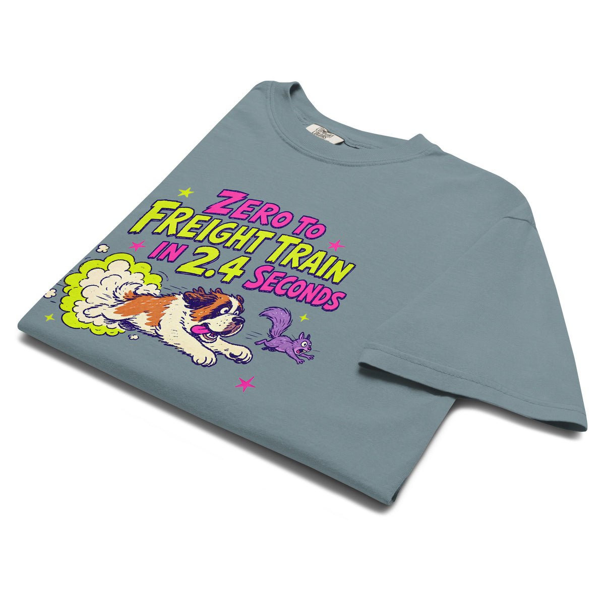 Ice Blue Comfort Colors t-shirt with a bright retro cartoon Saint Bernard chasing a squirrel and Zero to Freight Train in 2.4 Seconds lettering.