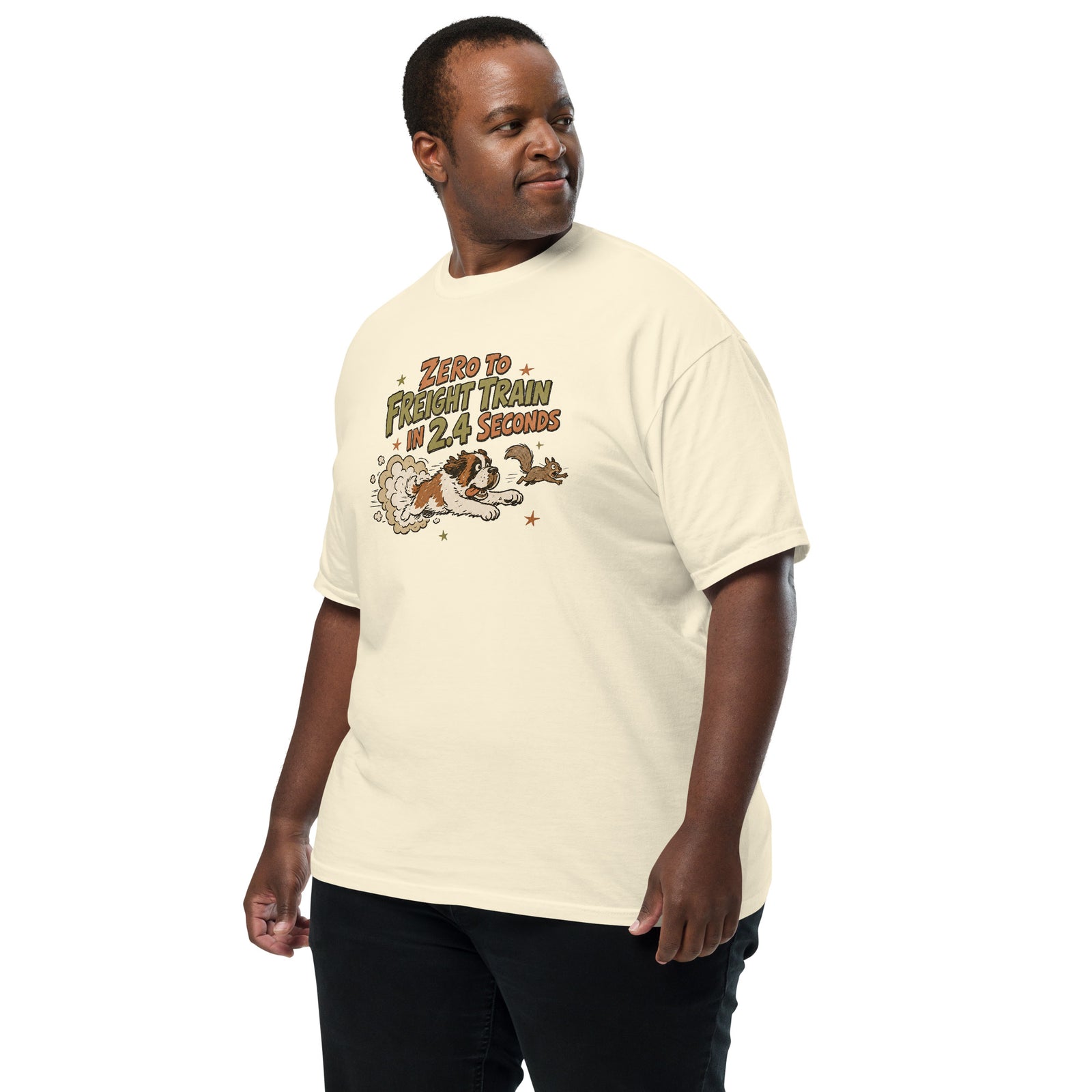 Ivory Comfort Colors t-shirt with a retro earth tone cartoon of a funny Saint Bernard chasing a squirrel and Zero to Freight Train in 2.4 Seconds lettering.