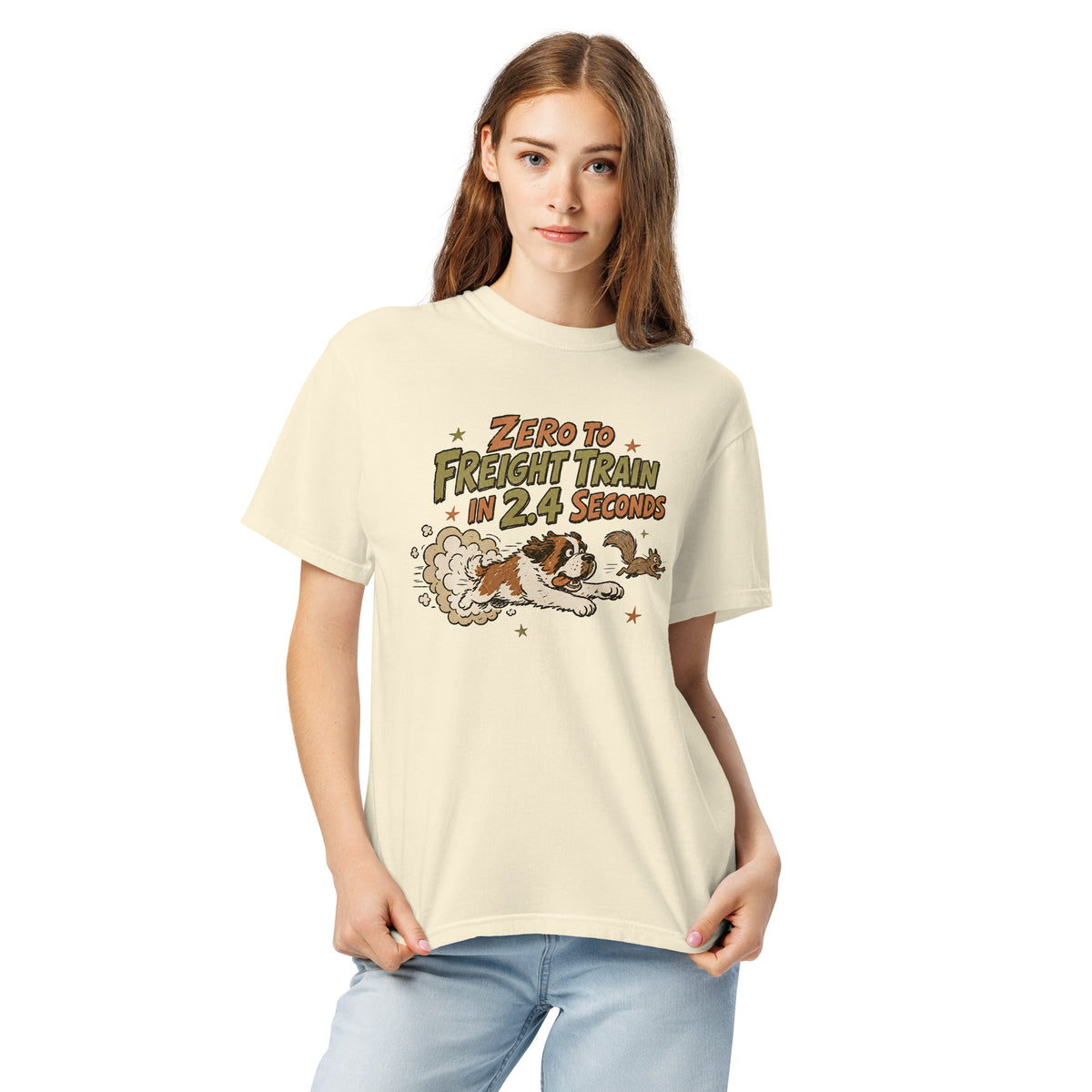Hemp green Comfort Colors t-shirt with a retro earth tone cartoon of a funny Saint Bernard chasing a squirrel and Zero to Freight Train in 2.4 Seconds lettering.