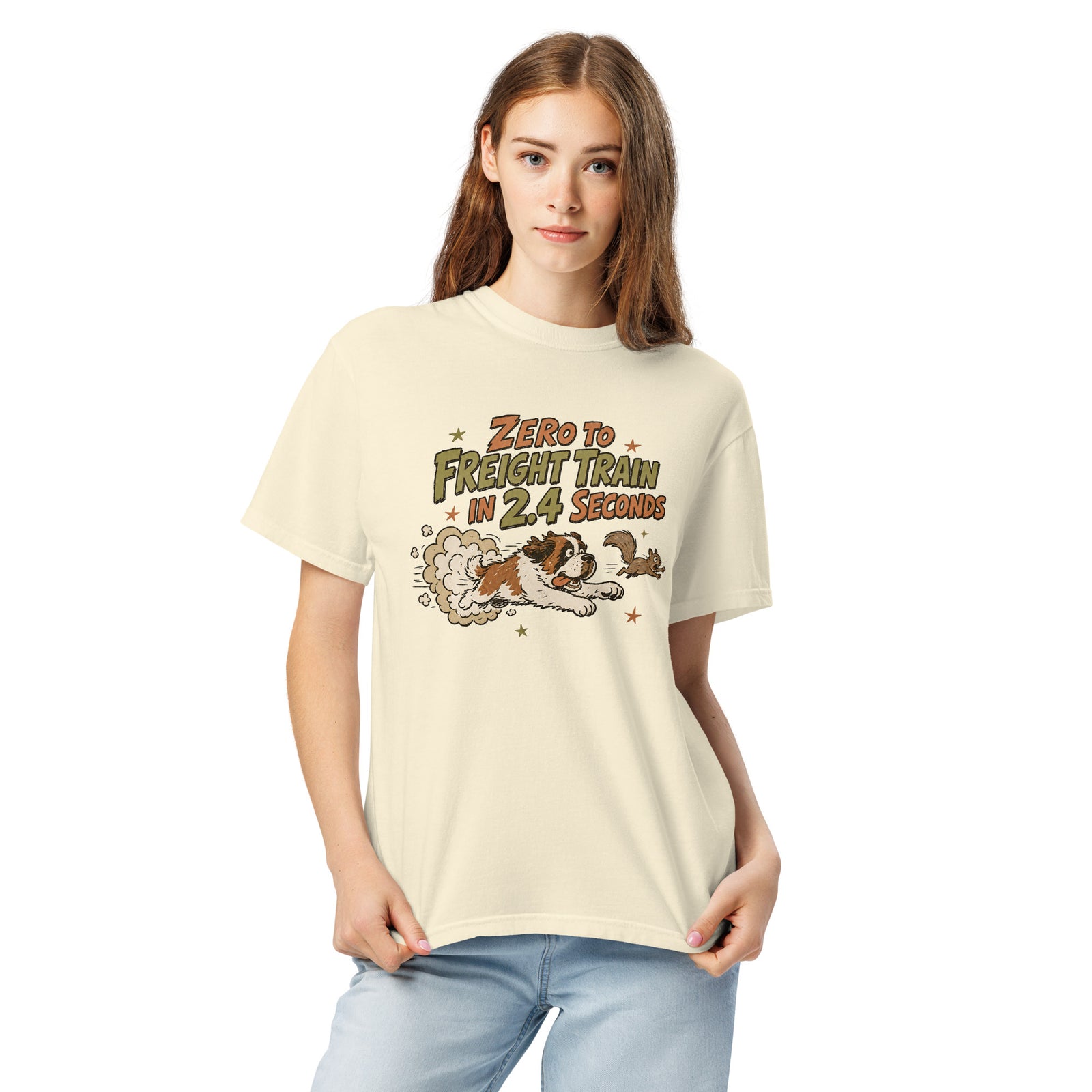 Hemp green Comfort Colors t-shirt with a retro earth tone cartoon of a funny Saint Bernard chasing a squirrel and Zero to Freight Train in 2.4 Seconds lettering.