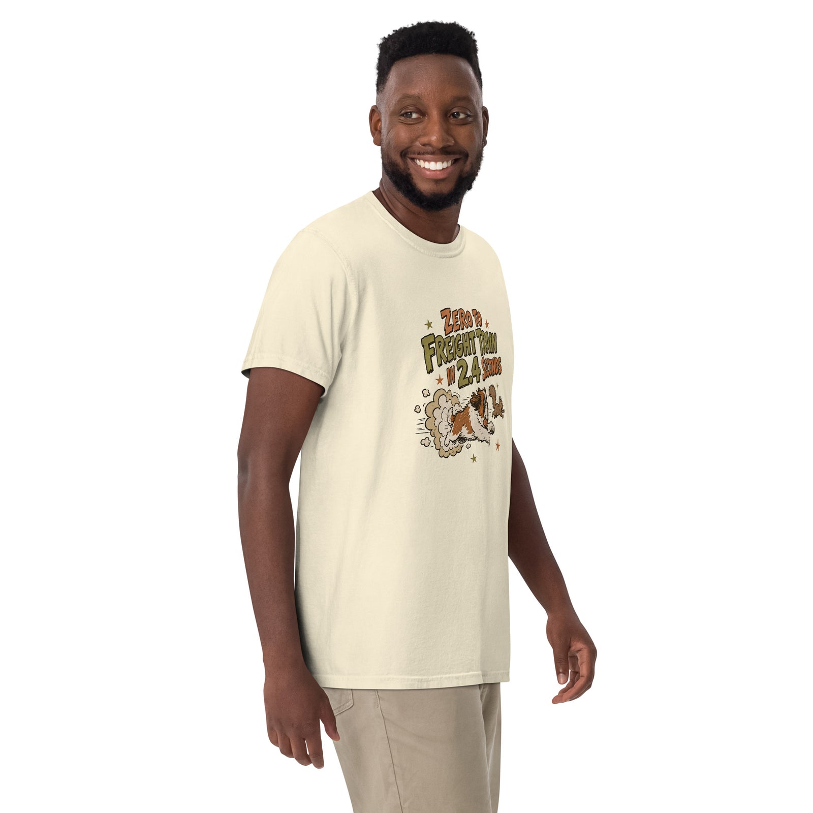 Ivory Comfort Colors t-shirt with a retro earth tone cartoon of a funny Saint Bernard chasing a squirrel and Zero to Freight Train in 2.4 Seconds lettering.