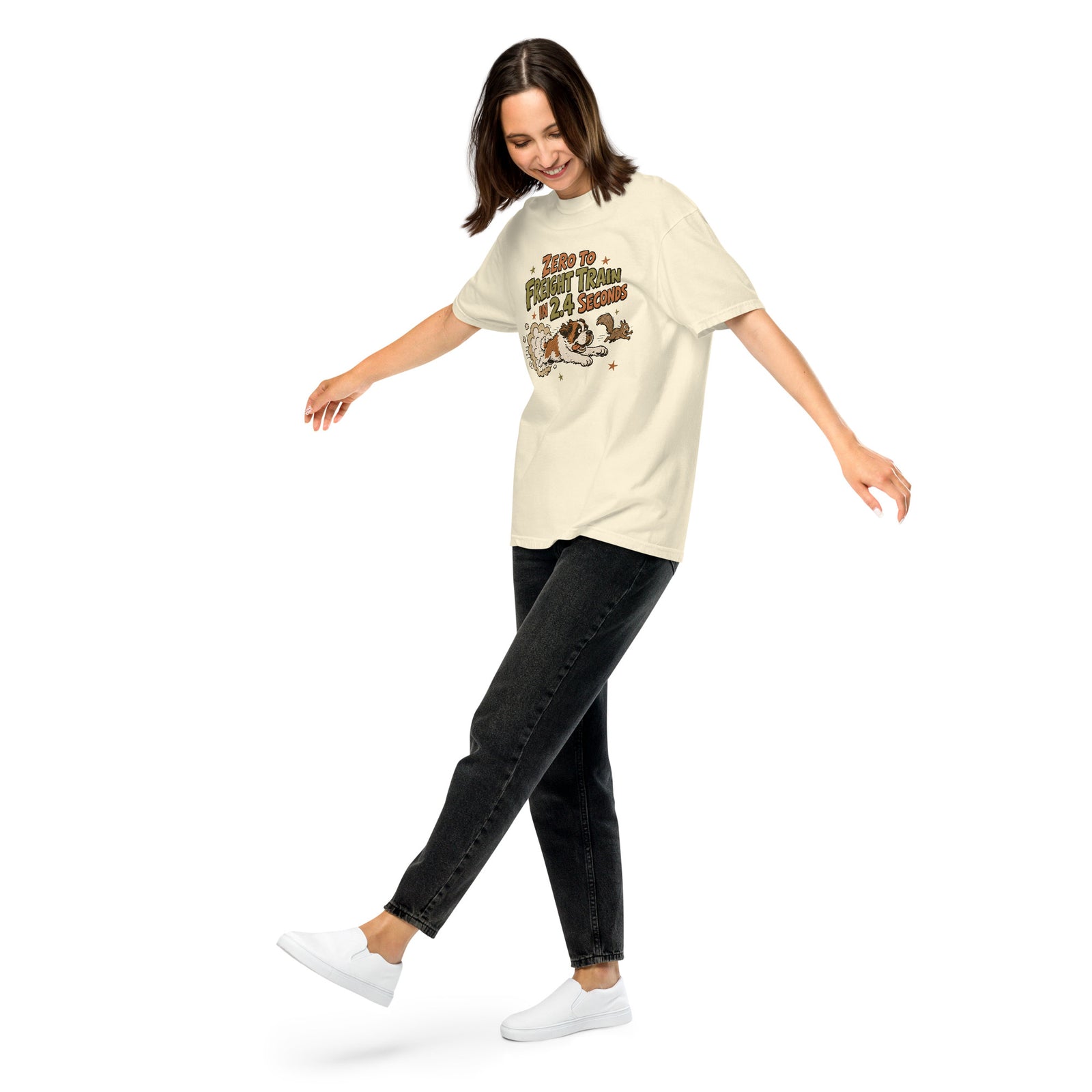 Ivory Comfort Colors t-shirt with a retro earth tone cartoon of a funny Saint Bernard chasing a squirrel and Zero to Freight Train in 2.4 Seconds lettering.