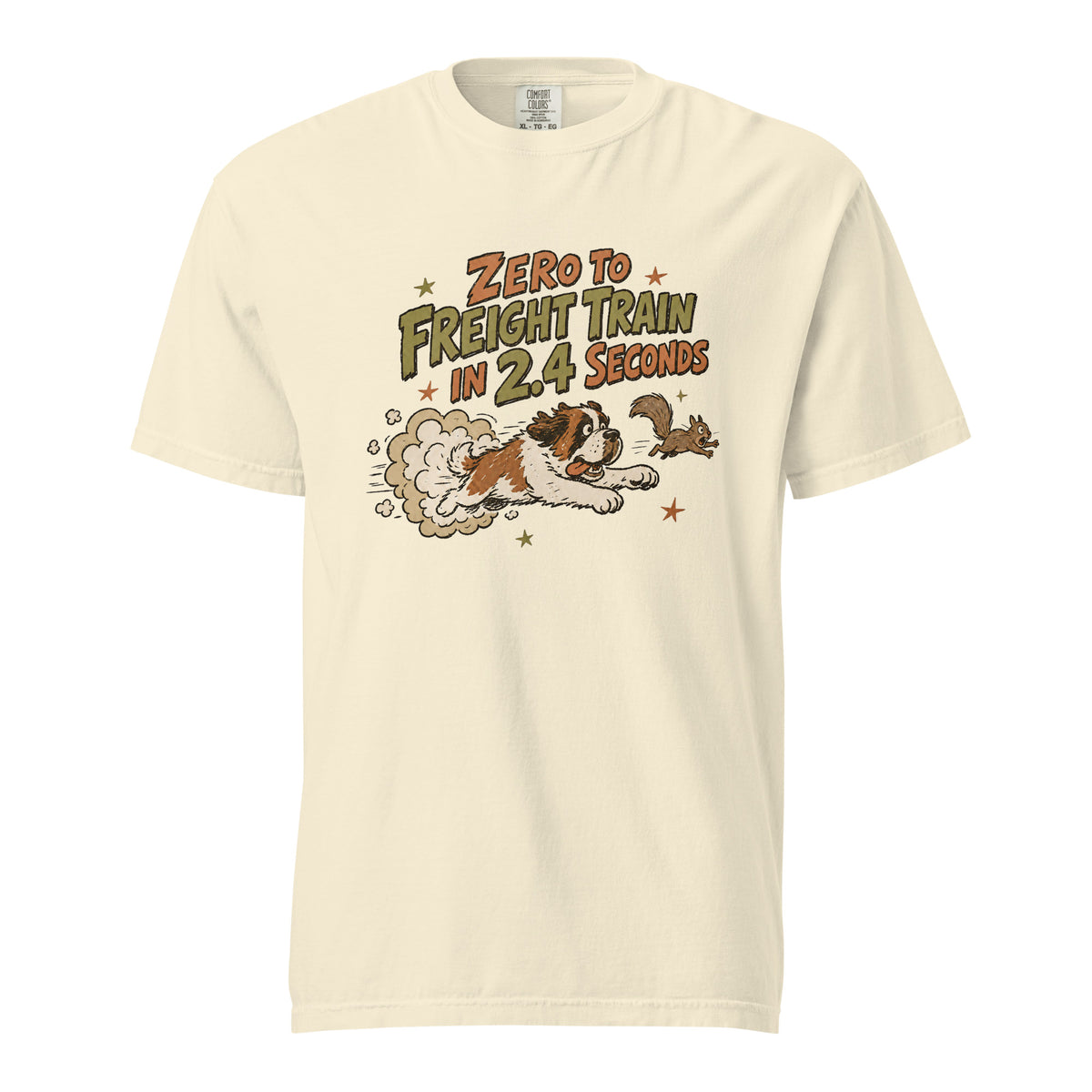 Ivory Comfort Colors t-shirt with a retro earth tone cartoon of a funny Saint Bernard chasing a squirrel and Zero to Freight Train in 2.4 Seconds lettering.
