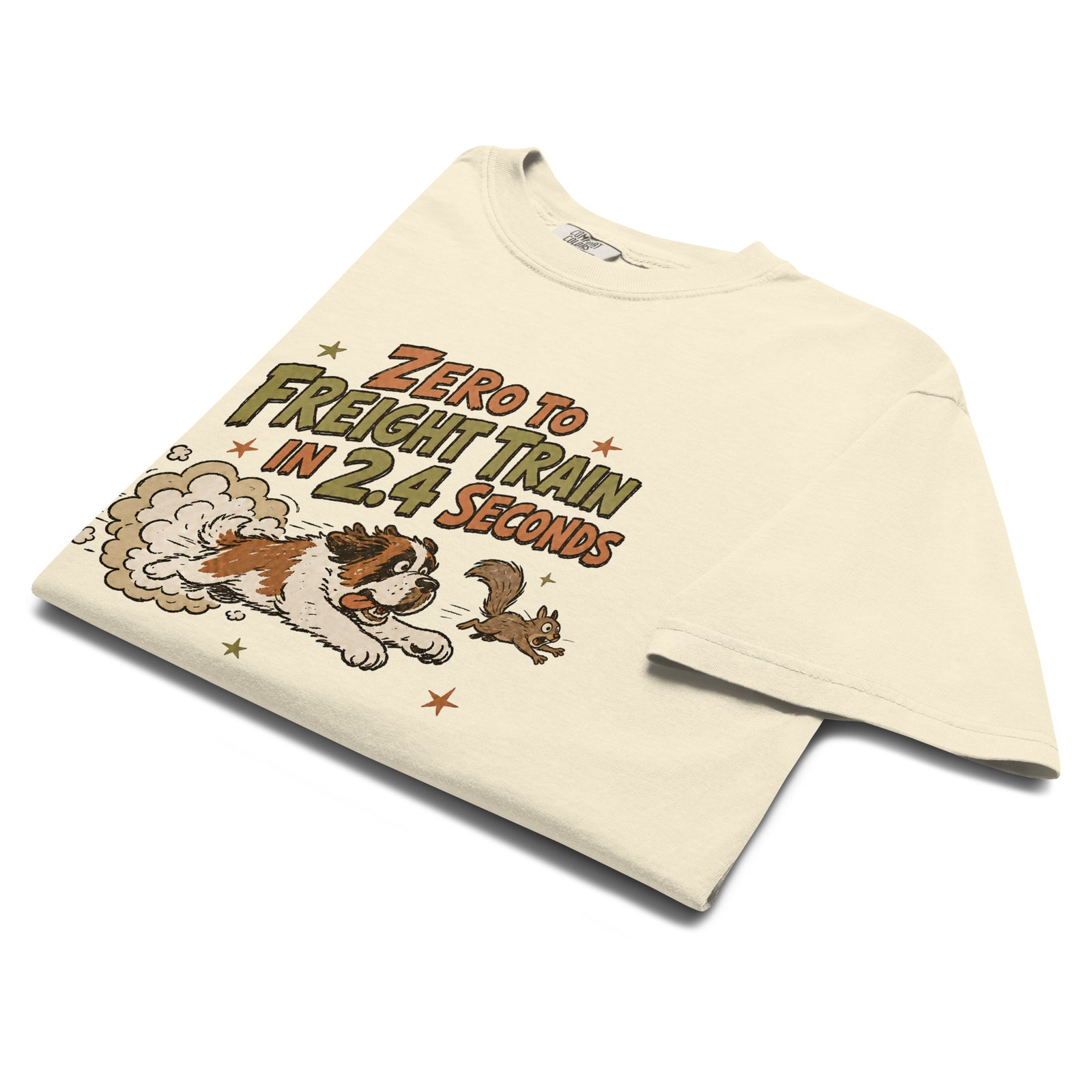 Ivory Comfort Colors t-shirt with a retro earth tone cartoon of a funny Saint Bernard chasing a squirrel and Zero to Freight Train in 2.4 Seconds lettering.