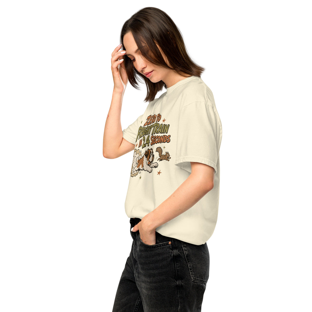 Ivory Comfort Colors t-shirt with a retro earth tone cartoon of a funny Saint Bernard chasing a squirrel and Zero to Freight Train in 2.4 Seconds lettering.