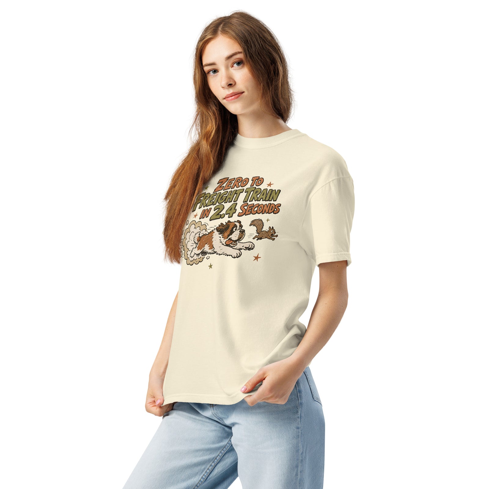Ivory Comfort Colors t-shirt with a retro earth tone cartoon of a funny Saint Bernard chasing a squirrel and Zero to Freight Train in 2.4 Seconds lettering.