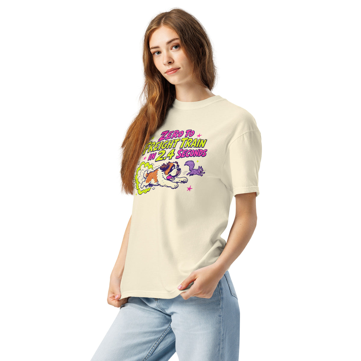 Ivory Comfort Colors t-shirt with a bright retro cartoon Saint Bernard chasing a squirrel and Zero to Freight Train in 2.4 Seconds lettering.
