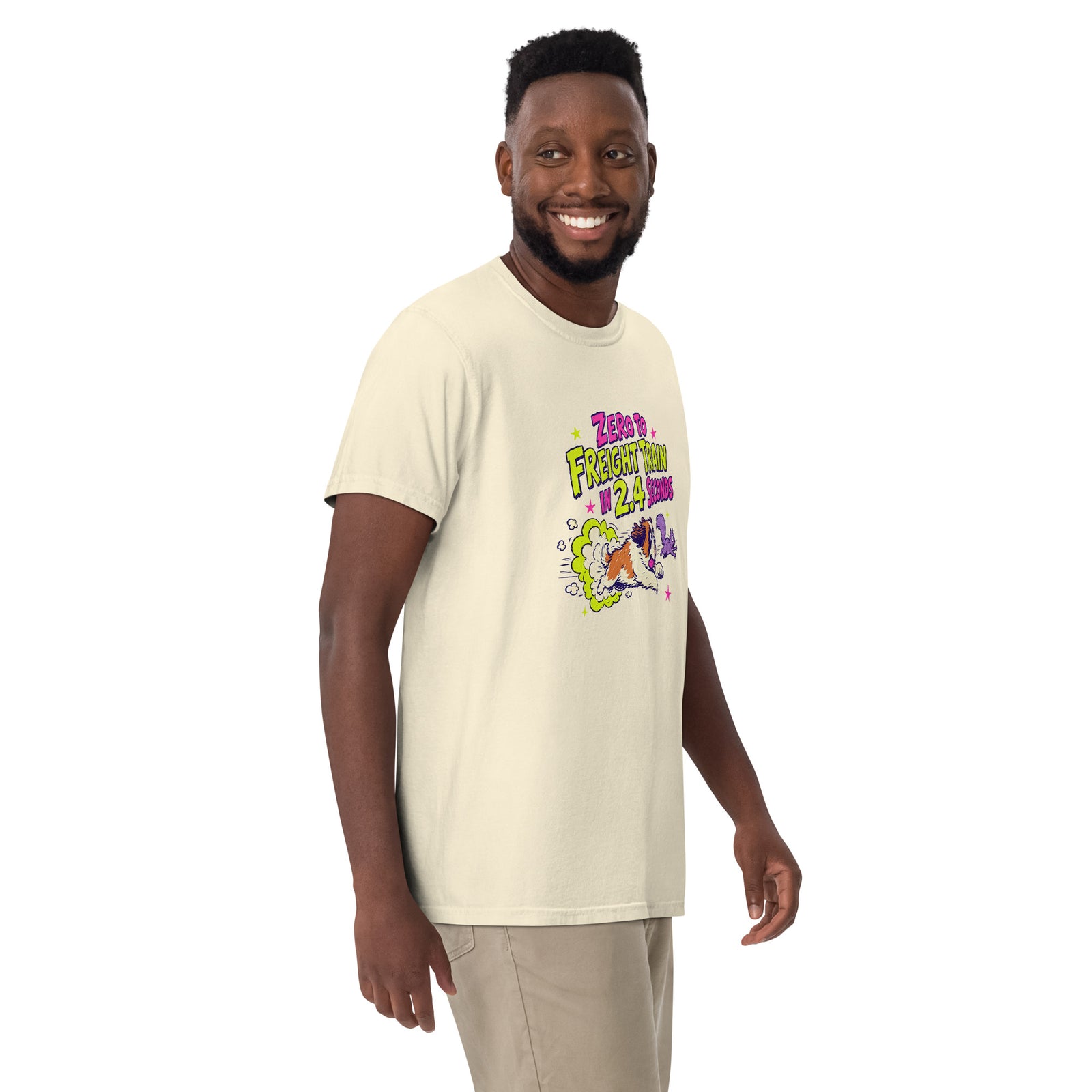 Ivory Comfort Colors t-shirt with a bright retro cartoon Saint Bernard chasing a squirrel and Zero to Freight Train in 2.4 Seconds lettering.