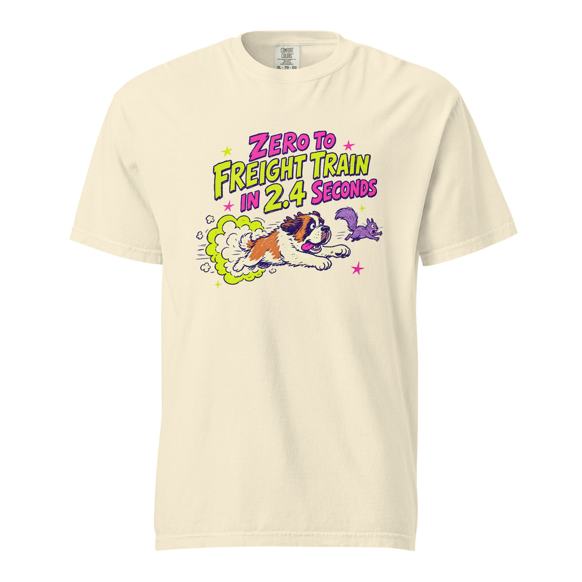Ivory Comfort Colors t-shirt with a bright retro cartoon Saint Bernard chasing a squirrel and Zero to Freight Train in 2.4 Seconds lettering.