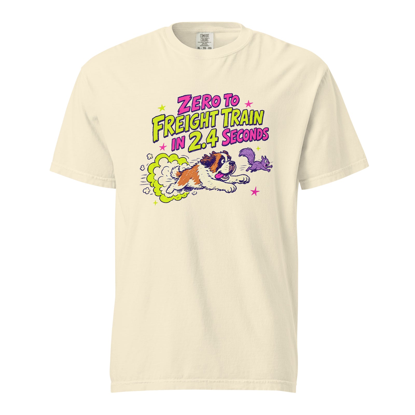 Ivory Comfort Colors t-shirt with a bright retro cartoon Saint Bernard chasing a squirrel and Zero to Freight Train in 2.4 Seconds lettering.