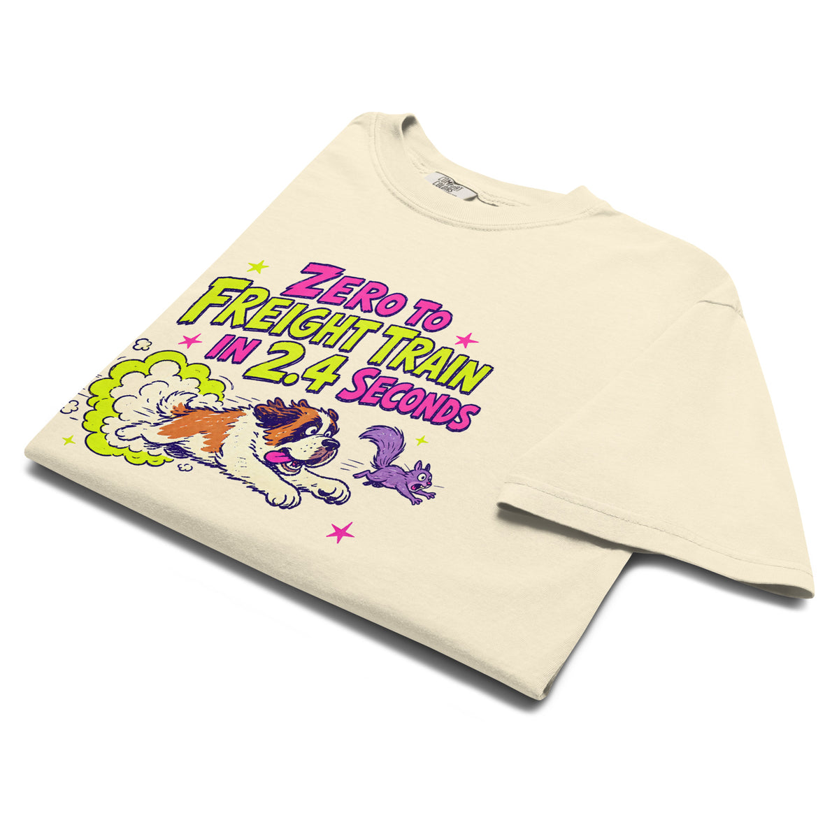 Ivory Comfort Colors t-shirt with a bright retro cartoon Saint Bernard chasing a squirrel and Zero to Freight Train in 2.4 Seconds lettering.