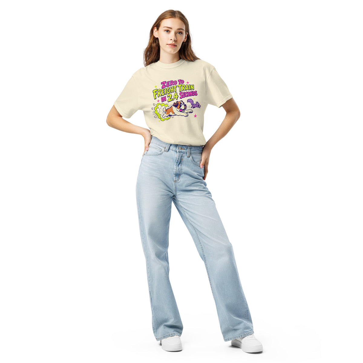 Ivory Comfort Colors t-shirt with a bright retro cartoon Saint Bernard chasing a squirrel and Zero to Freight Train in 2.4 Seconds lettering.