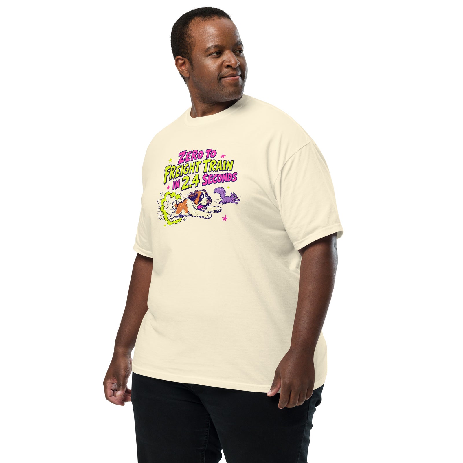 Ivory Comfort Colors t-shirt with a bright retro cartoon Saint Bernard chasing a squirrel and Zero to Freight Train in 2.4 Seconds lettering.
