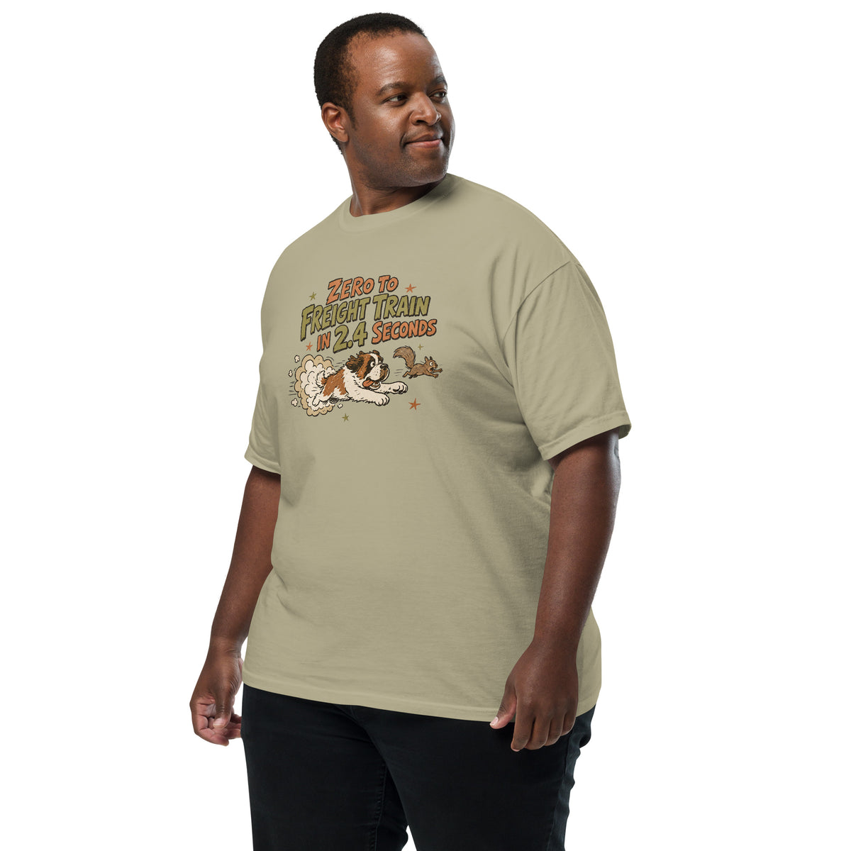 Khaki Comfort Colors t-shirt with a retro earth tone cartoon of a funny Saint Bernard chasing a squirrel and Zero to Freight Train in 2.4 Seconds lettering.