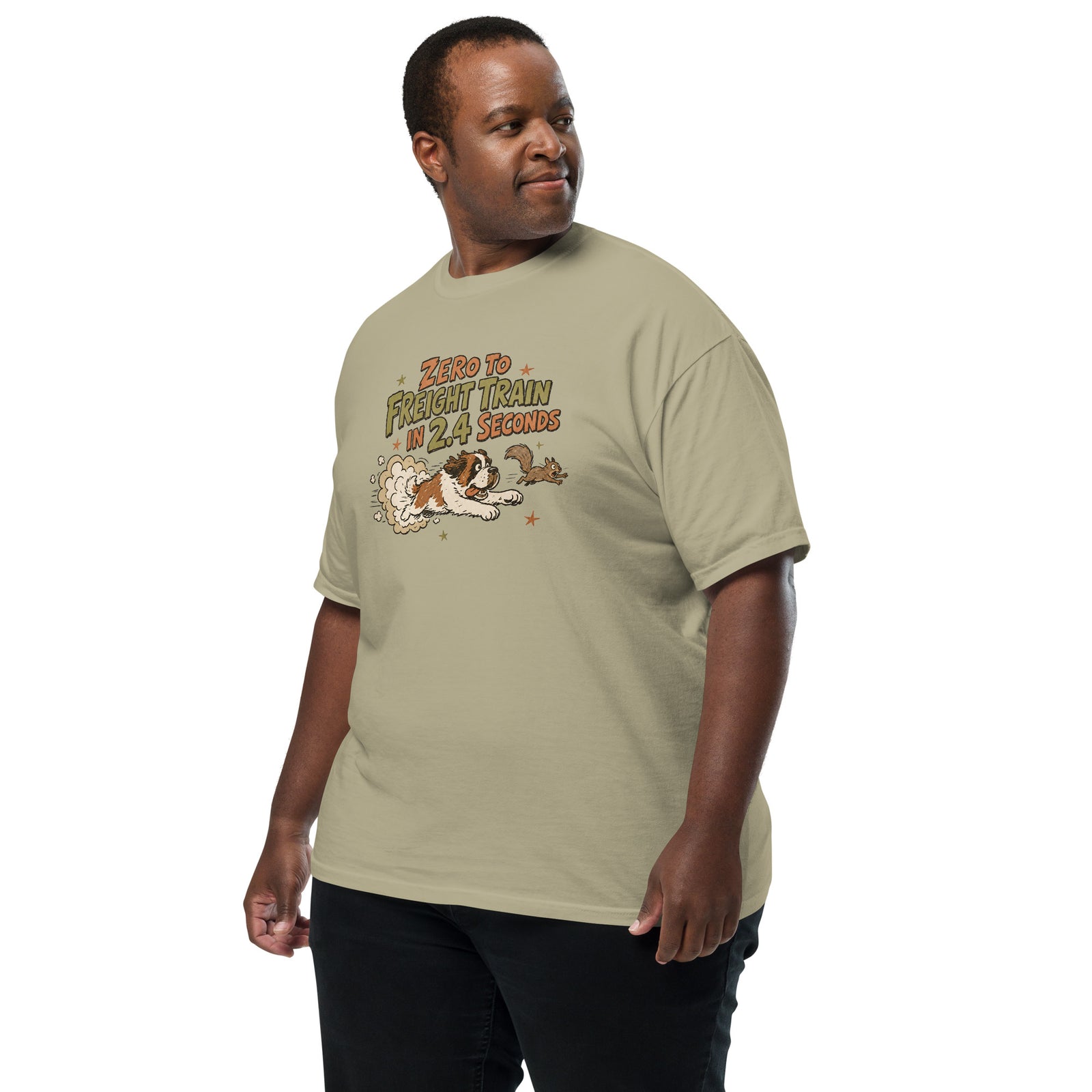 Khaki Comfort Colors t-shirt with a retro earth tone cartoon of a funny Saint Bernard chasing a squirrel and Zero to Freight Train in 2.4 Seconds lettering.