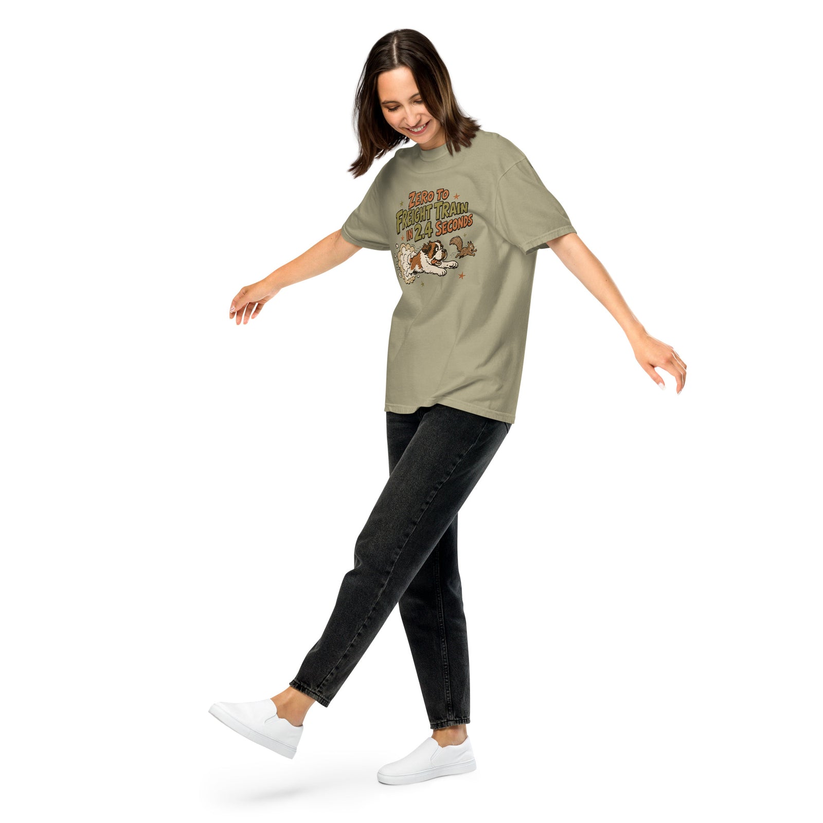 Khaki Comfort Colors t-shirt with a retro earth tone cartoon of a funny Saint Bernard chasing a squirrel and Zero to Freight Train in 2.4 Seconds lettering.