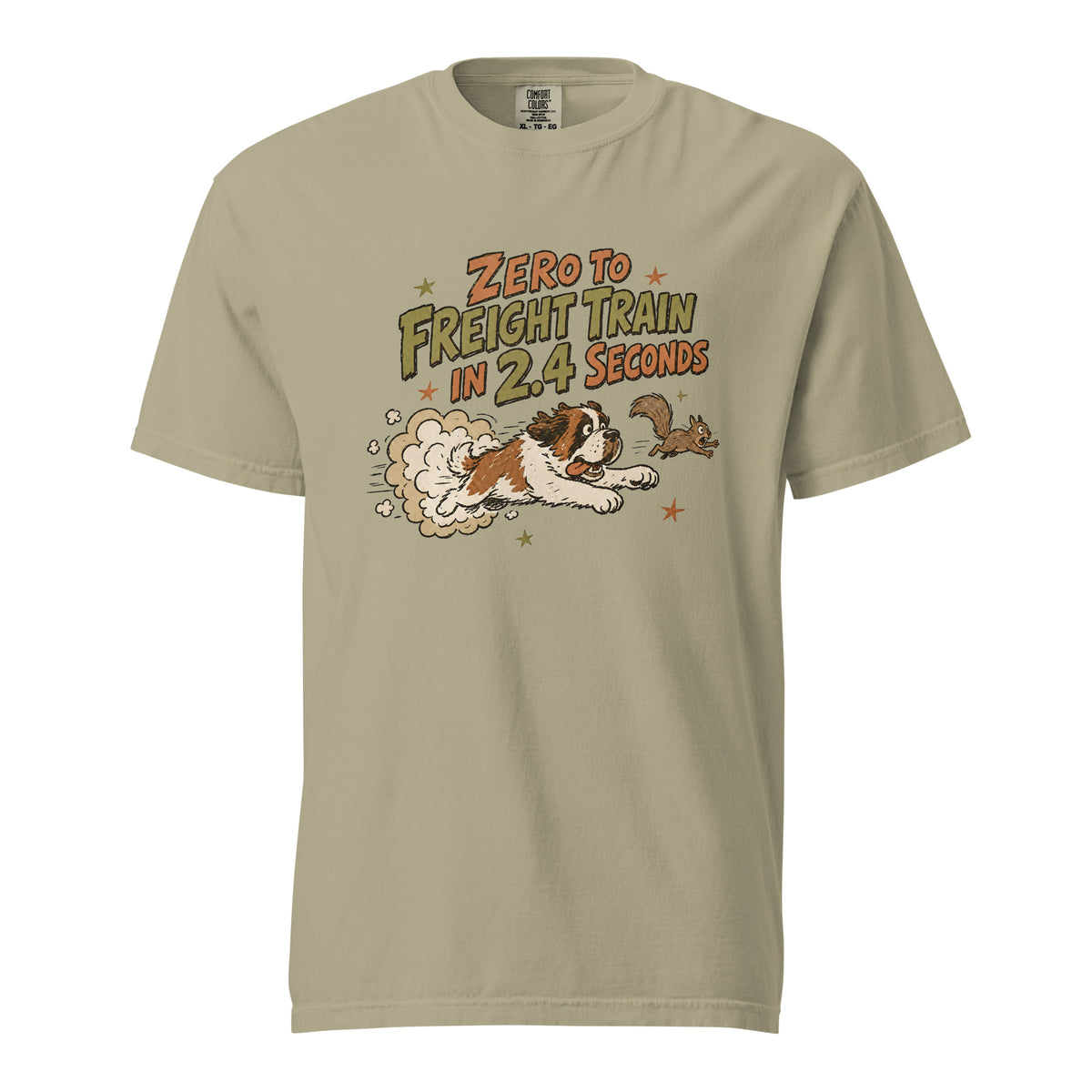 Khaki Comfort Colors t-shirt with a retro earth tone cartoon of a funny Saint Bernard chasing a squirrel and Zero to Freight Train in 2.4 Seconds lettering.