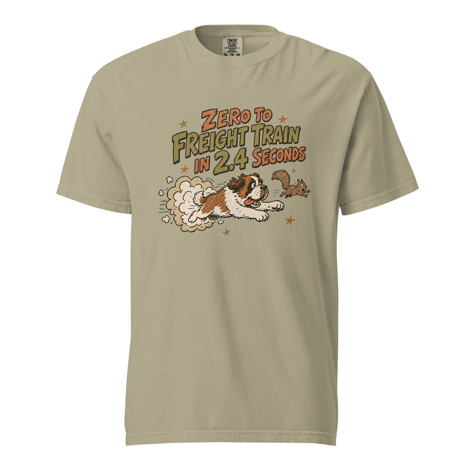 Khaki Comfort Colors t-shirt with a retro earth tone cartoon of a funny Saint Bernard chasing a squirrel and Zero to Freight Train in 2.4 Seconds lettering.
