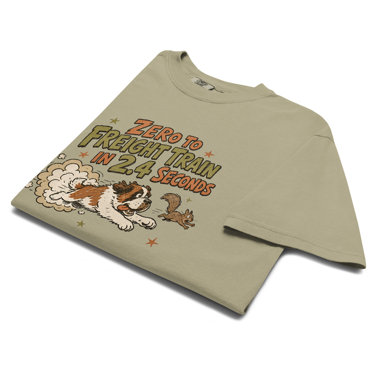 Khaki Comfort Colors t-shirt with a retro earth tone cartoon of a funny Saint Bernard chasing a squirrel and Zero to Freight Train in 2.4 Seconds lettering.