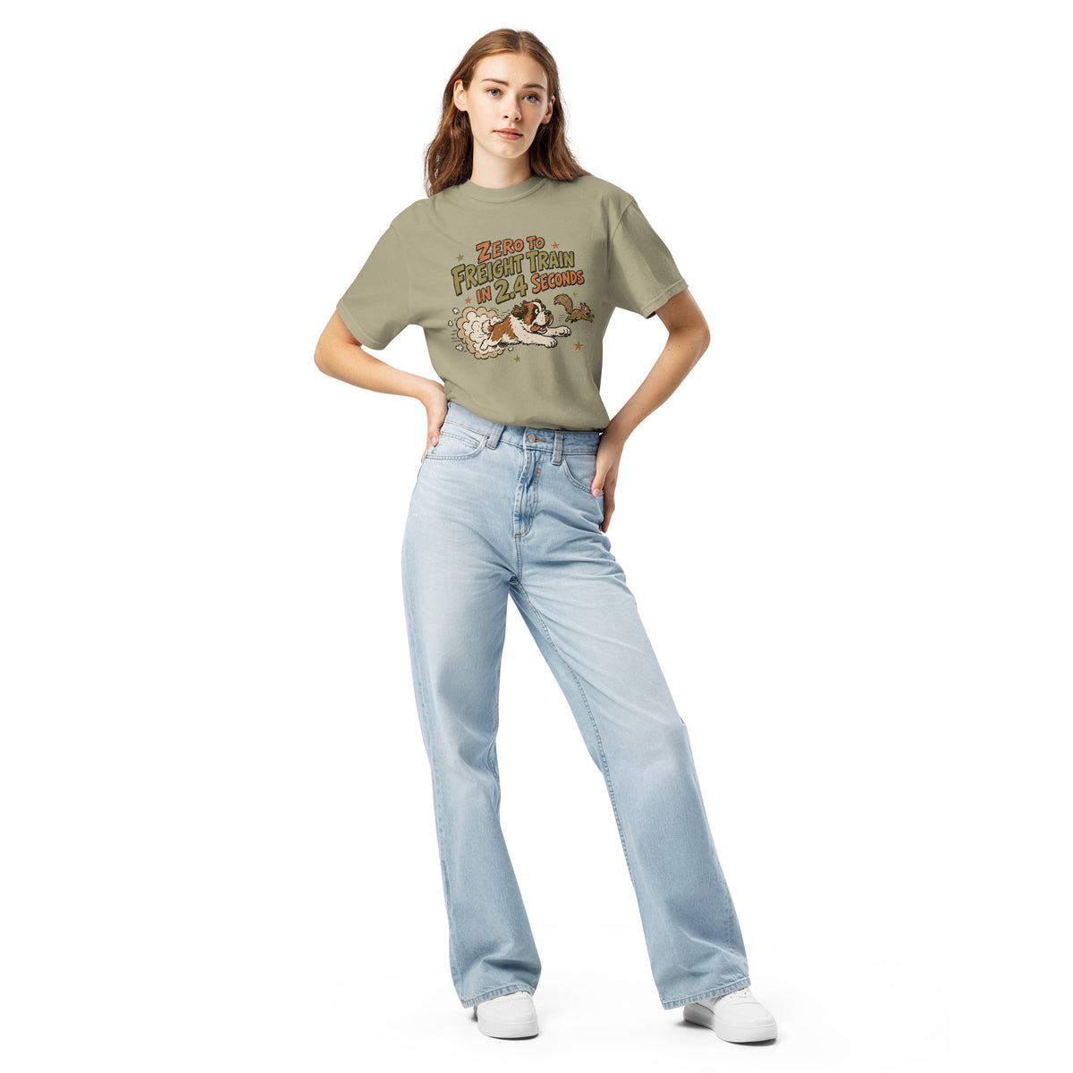 Khaki Comfort Colors t-shirt with a retro earth tone cartoon of a funny Saint Bernard chasing a squirrel and Zero to Freight Train in 2.4 Seconds lettering.