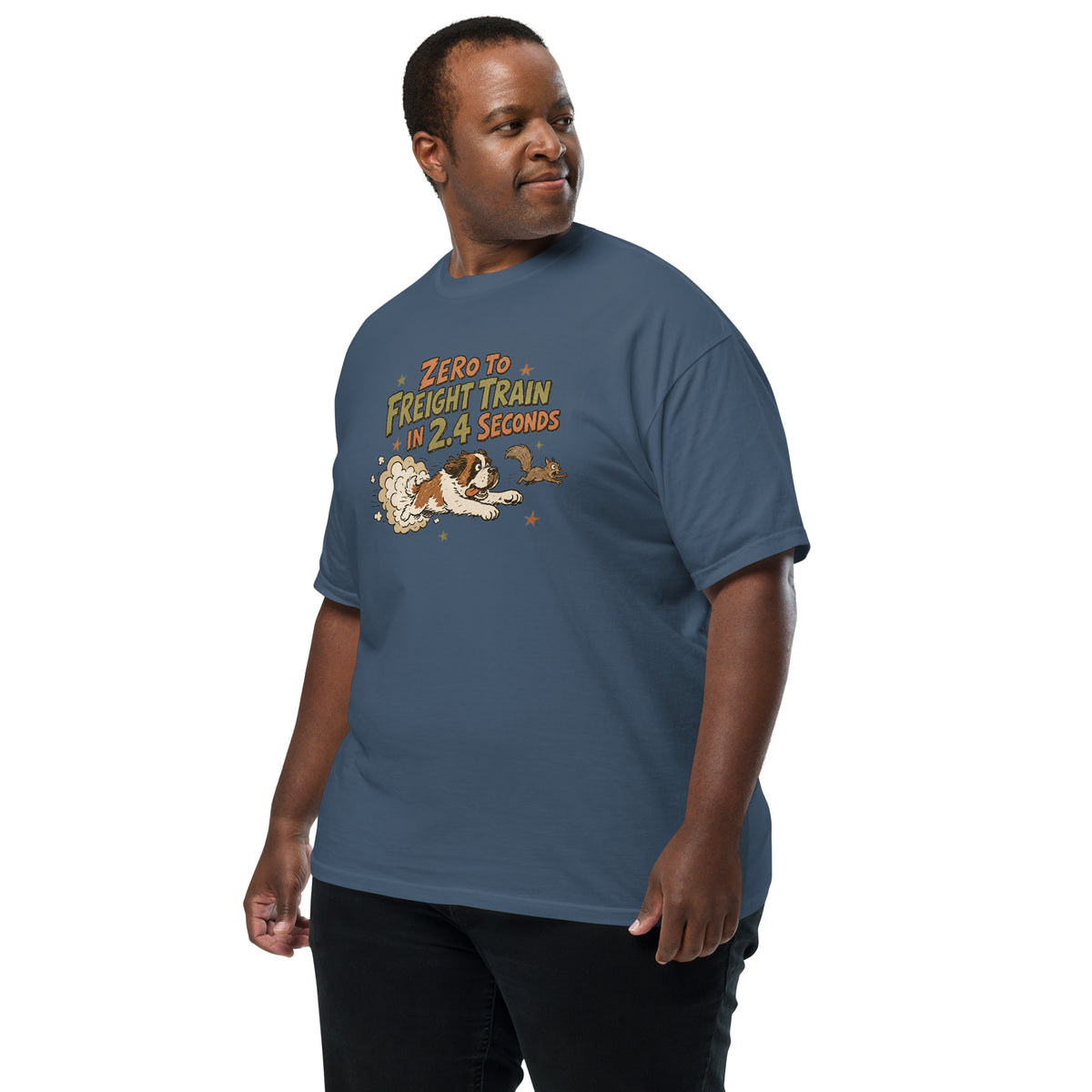 Midnight blue Comfort Colors t-shirt with a retro earth tone cartoon of a funny Saint Bernard chasing a squirrel and Zero to Freight Train in 2.4 Seconds lettering.