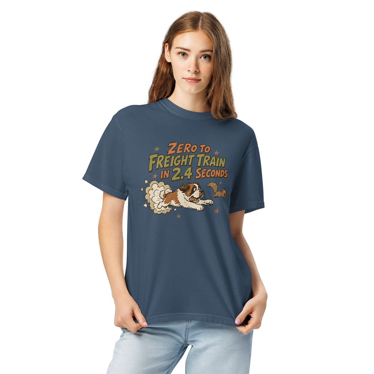 Midnight blue Comfort Colors t-shirt with a retro earth tone cartoon of a funny Saint Bernard chasing a squirrel and Zero to Freight Train in 2.4 Seconds lettering.