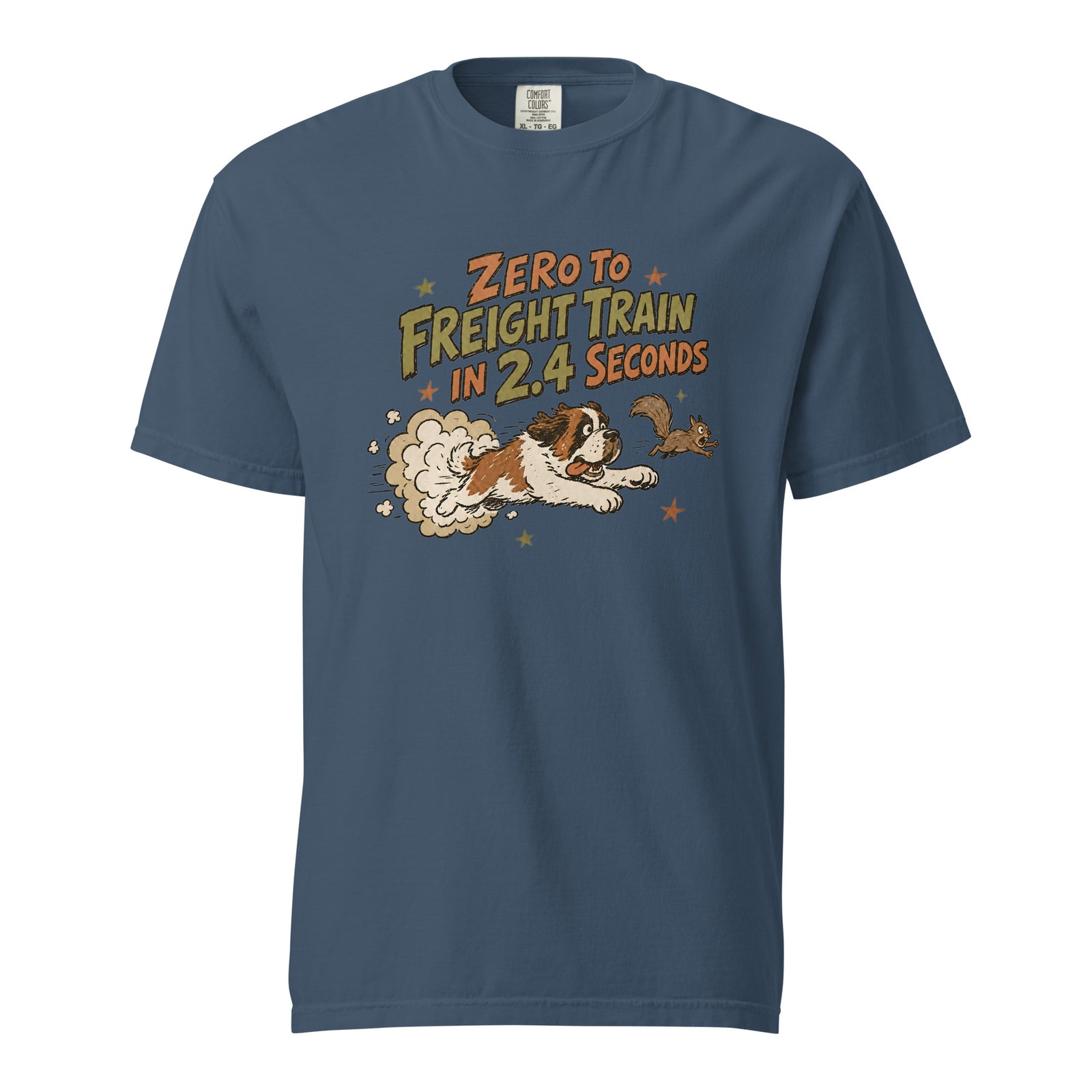 Midnight blue Comfort Colors t-shirt with a retro earth tone cartoon of a funny Saint Bernard chasing a squirrel and Zero to Freight Train in 2.4 Seconds lettering.