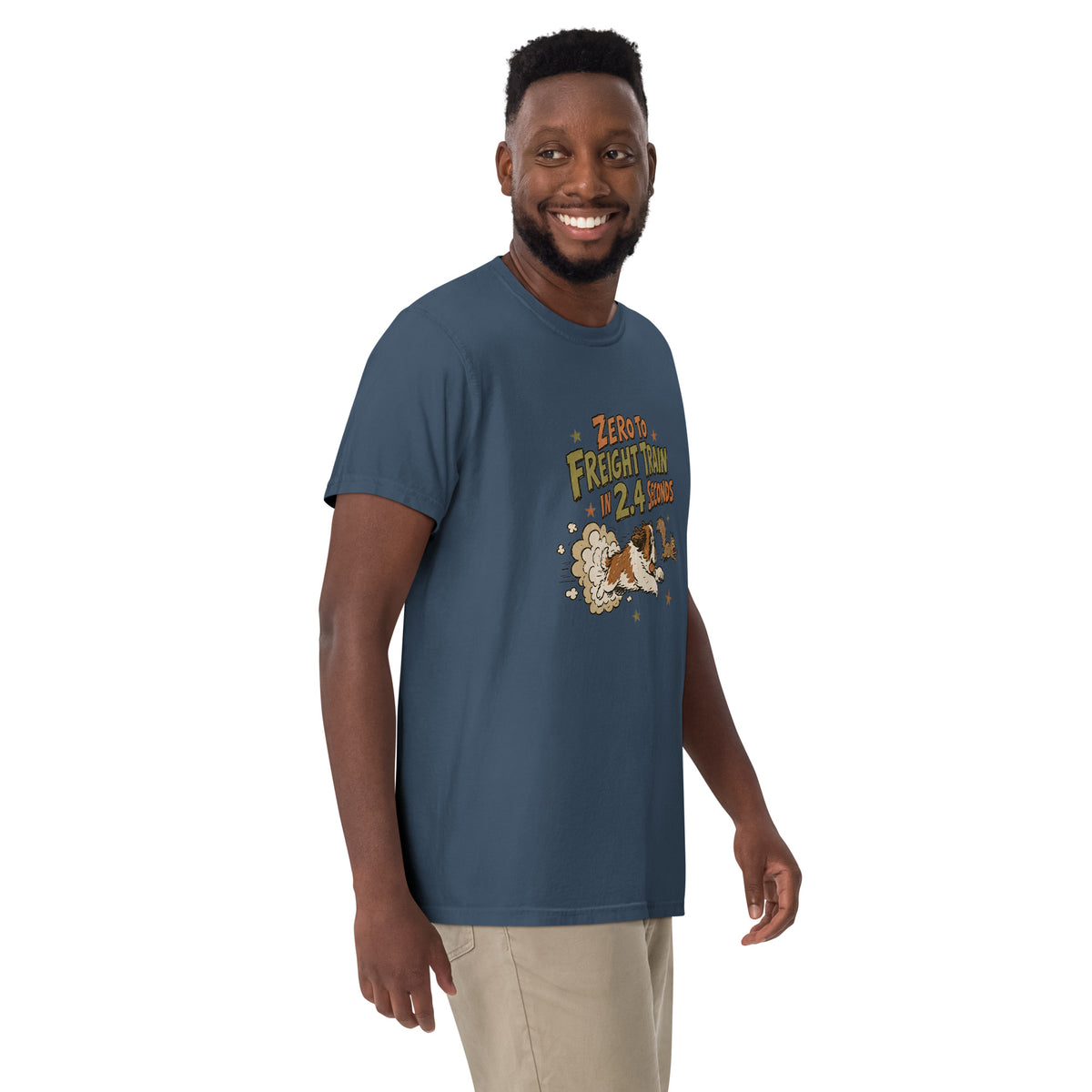 Midnight blue Comfort Colors t-shirt with a retro earth tone cartoon of a funny Saint Bernard chasing a squirrel and Zero to Freight Train in 2.4 Seconds lettering.