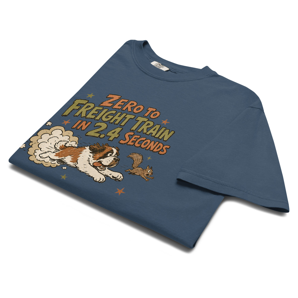 Midnight blue Comfort Colors t-shirt with a retro earth tone cartoon of a funny Saint Bernard chasing a squirrel and Zero to Freight Train in 2.4 Seconds lettering.