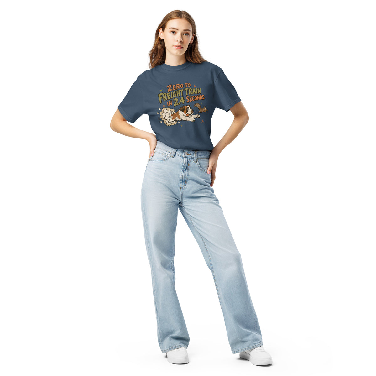 Midnight blue Comfort Colors t-shirt with a retro earth tone cartoon of a funny Saint Bernard chasing a squirrel and Zero to Freight Train in 2.4 Seconds lettering.
