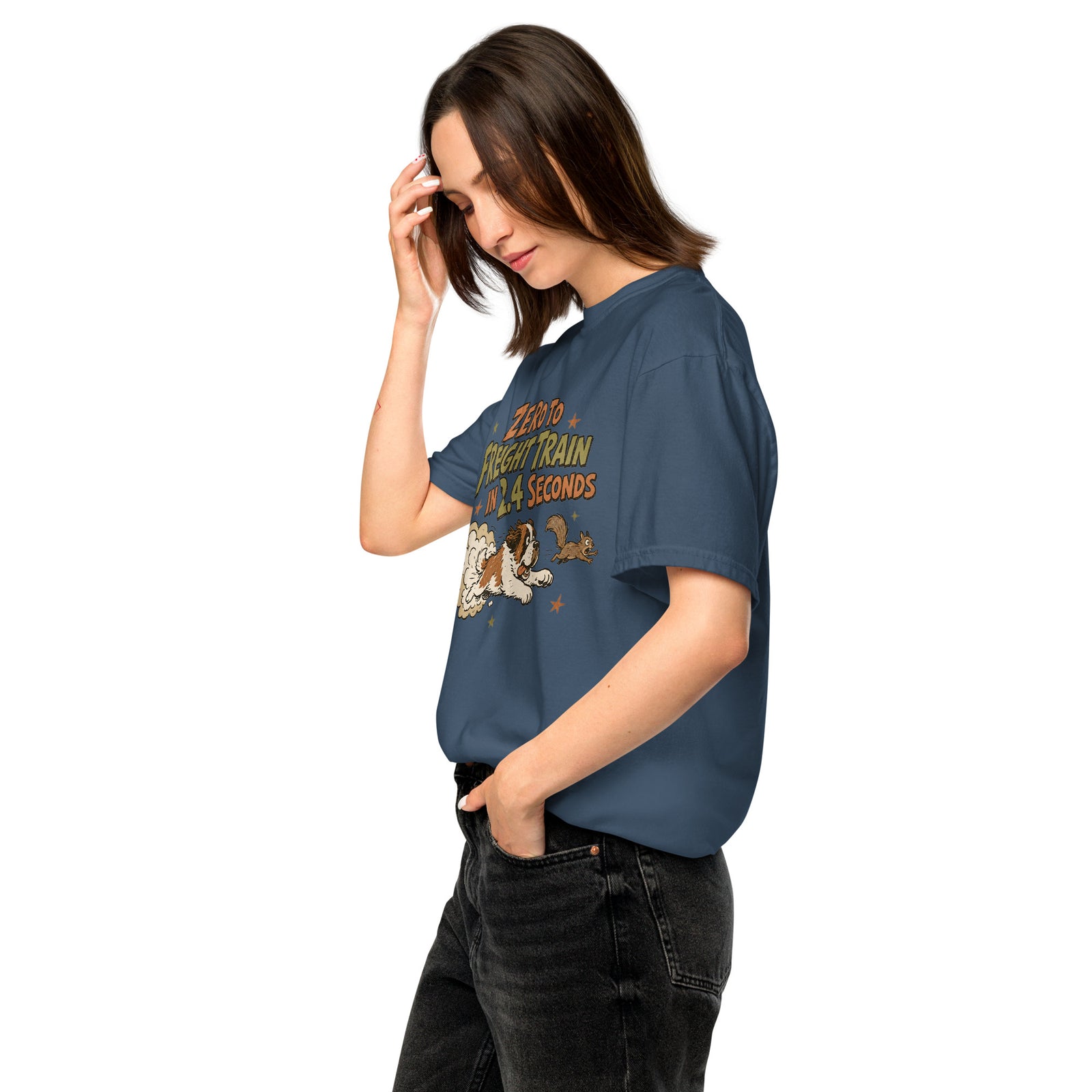 Midnight blue Comfort Colors t-shirt with a retro earth tone cartoon of a funny Saint Bernard chasing a squirrel and Zero to Freight Train in 2.4 Seconds lettering.