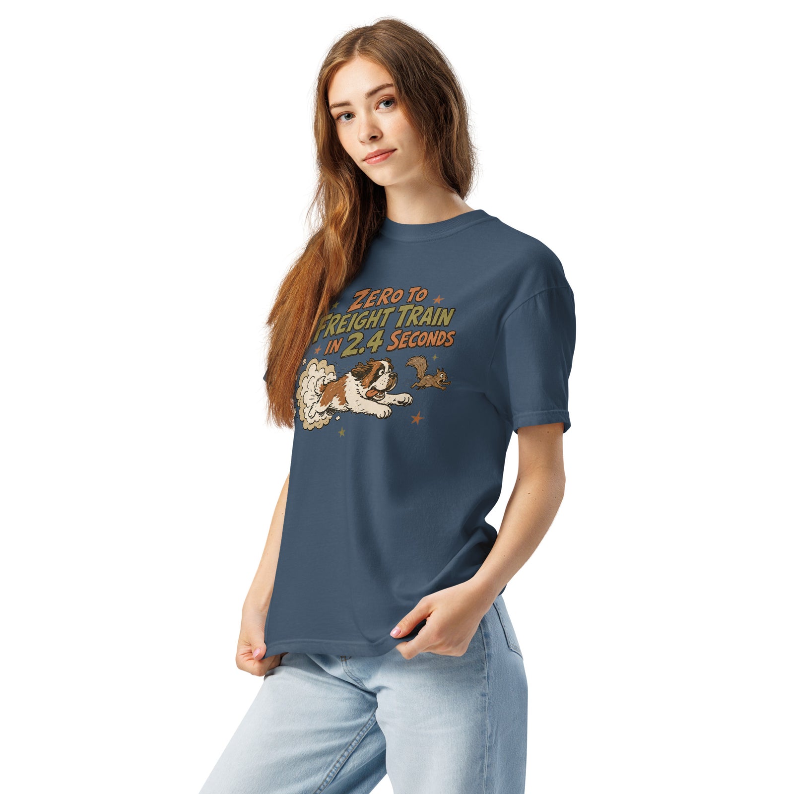 Midnight blue Comfort Colors t-shirt with a retro earth tone cartoon of a funny Saint Bernard chasing a squirrel and Zero to Freight Train in 2.4 Seconds lettering.