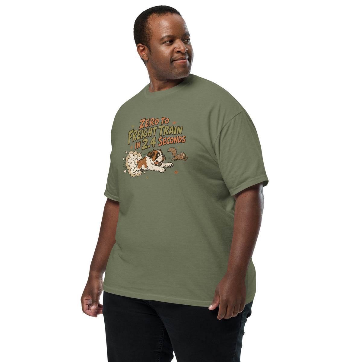 Moss green Comfort Colors t-shirt with a retro earth tone cartoon of a funny Saint Bernard chasing a squirrel and Zero to Freight Train in 2.4 Seconds lettering.