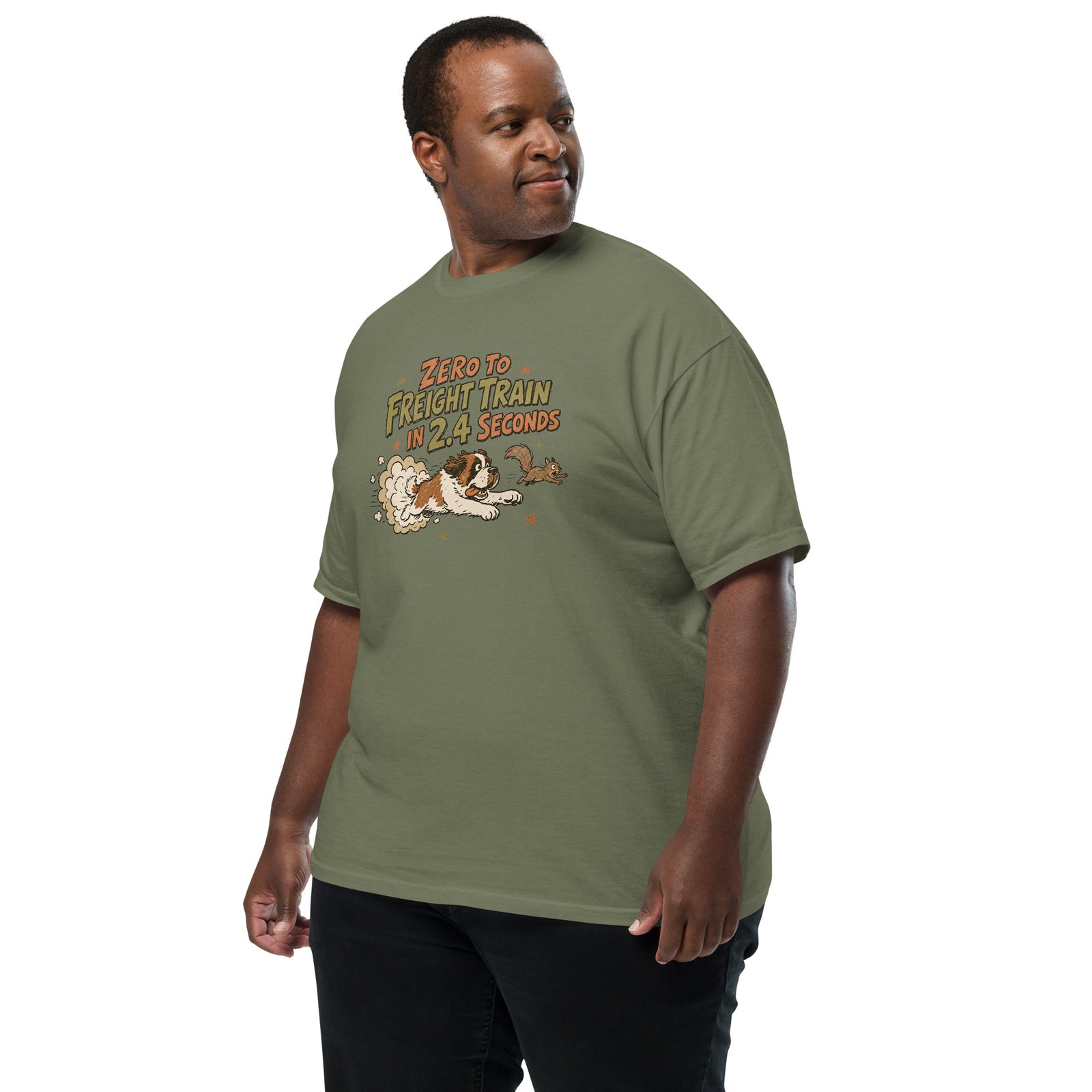 Moss green Comfort Colors t-shirt with a retro earth tone cartoon of a funny Saint Bernard chasing a squirrel and Zero to Freight Train in 2.4 Seconds lettering.