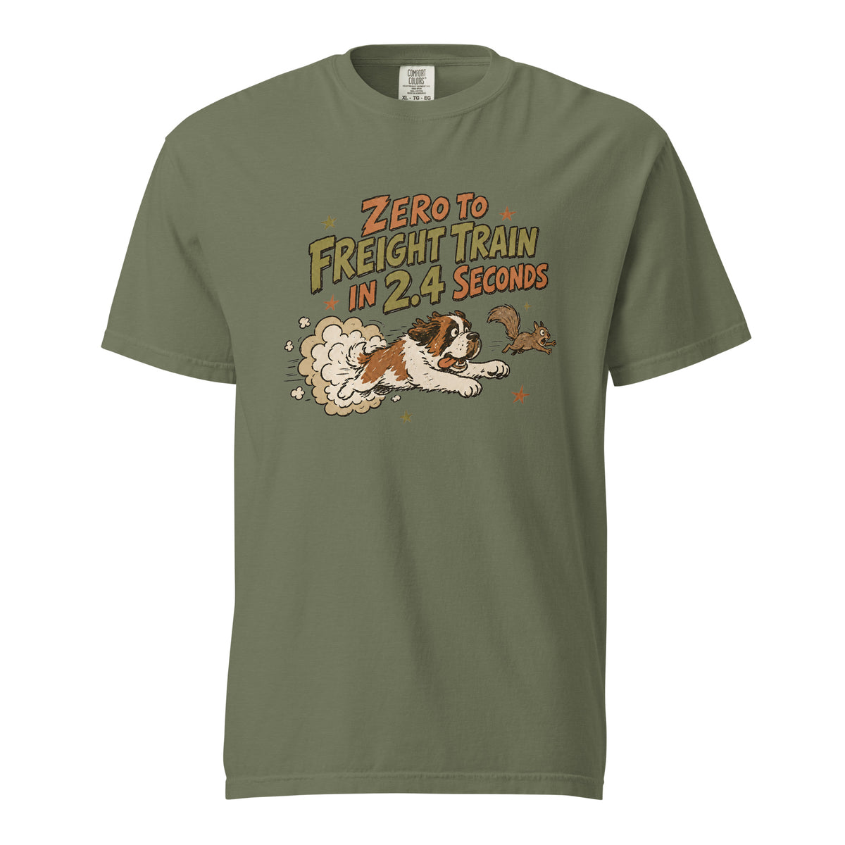 Moss green Comfort Colors t-shirt with a retro earth tone cartoon of a funny Saint Bernard chasing a squirrel and Zero to Freight Train in 2.4 Seconds lettering.