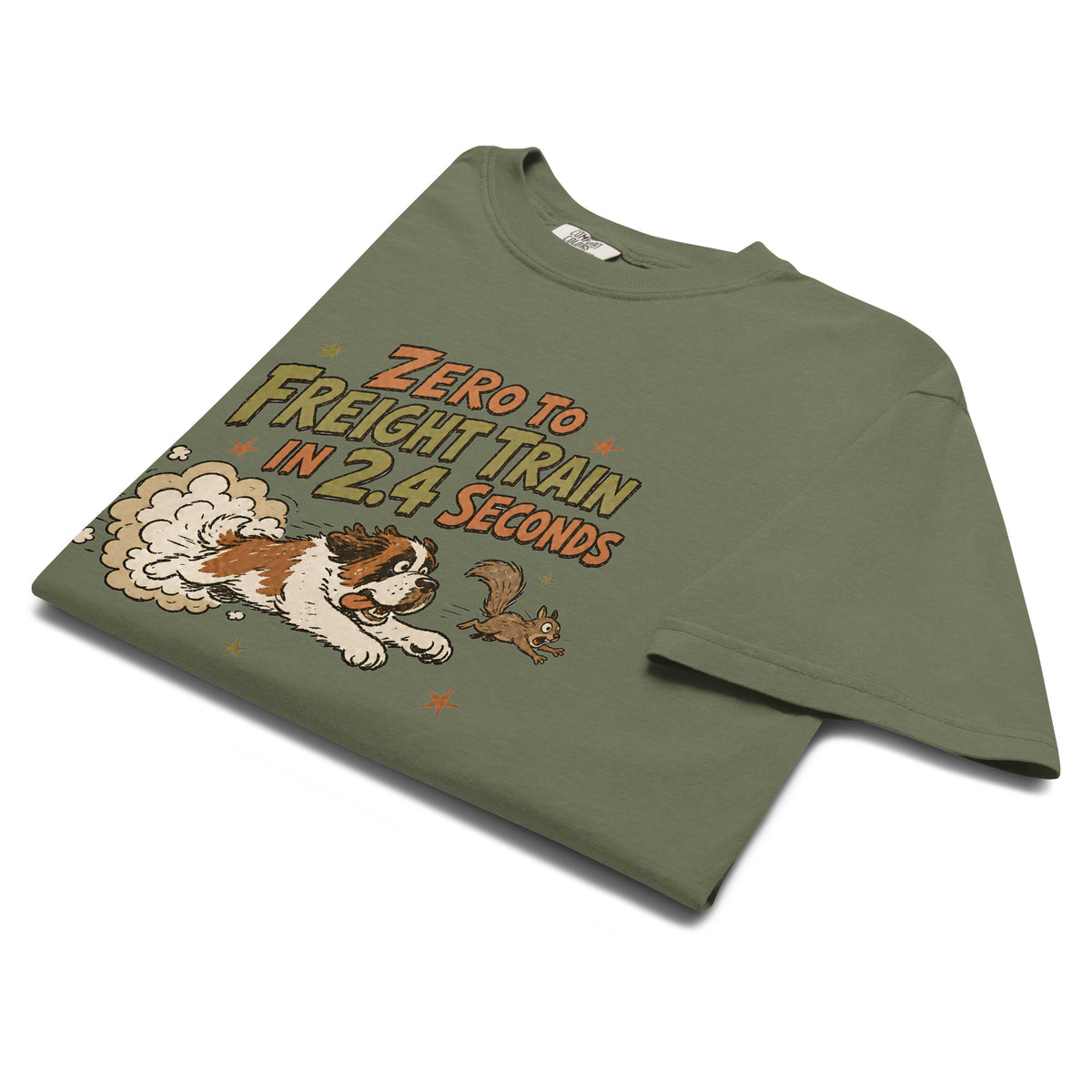 Moss green Comfort Colors t-shirt with a retro earth tone cartoon of a funny Saint Bernard chasing a squirrel and Zero to Freight Train in 2.4 Seconds lettering.